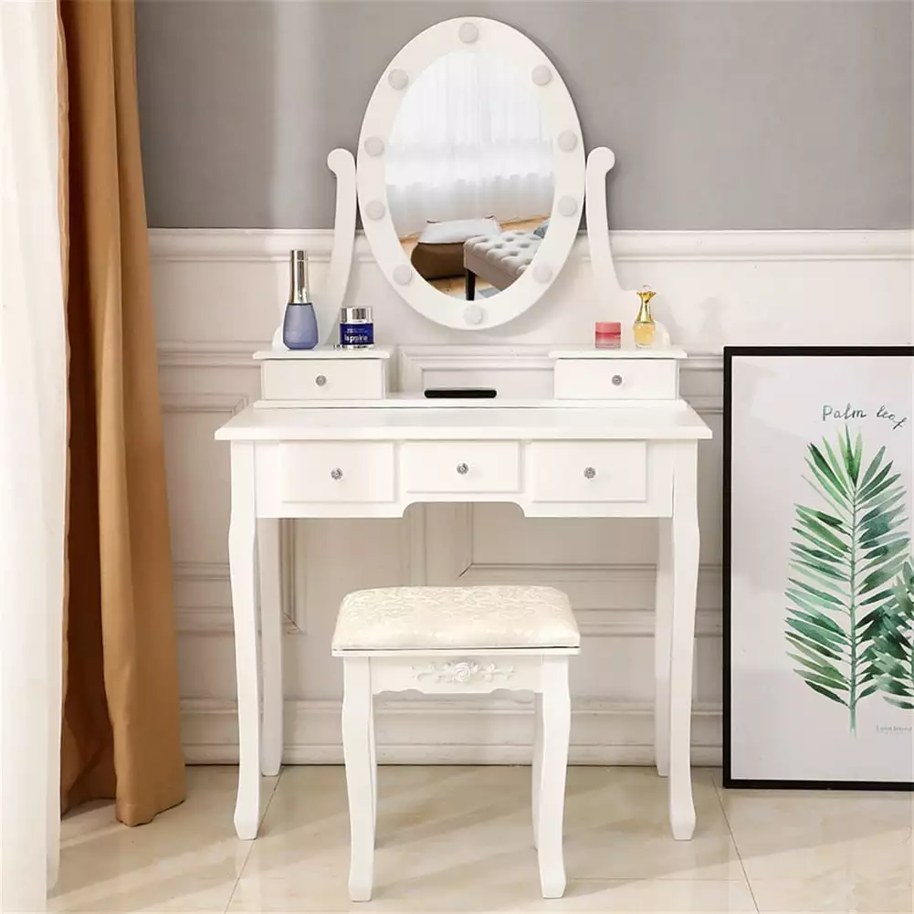 Oyang Wooden Vanity and Stool Set 10 LED Lights, 5 Drawers, and Shelves Women and Girls