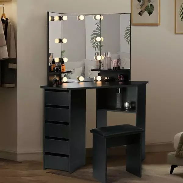 Richya Modern Vanity Desk Set Mirror and Lights - 5 Drawer Makeup Table Bedroom or Living Room