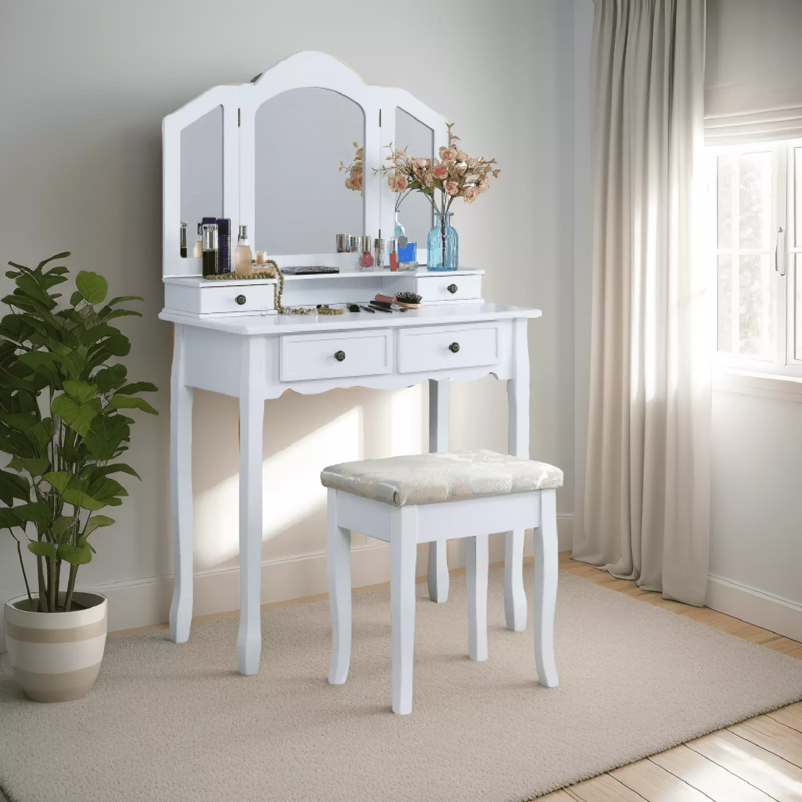 Smuxee Kids Vanity Set Mirror Makeup Table and Vanity Stool Girls Bedroom Furniture White
