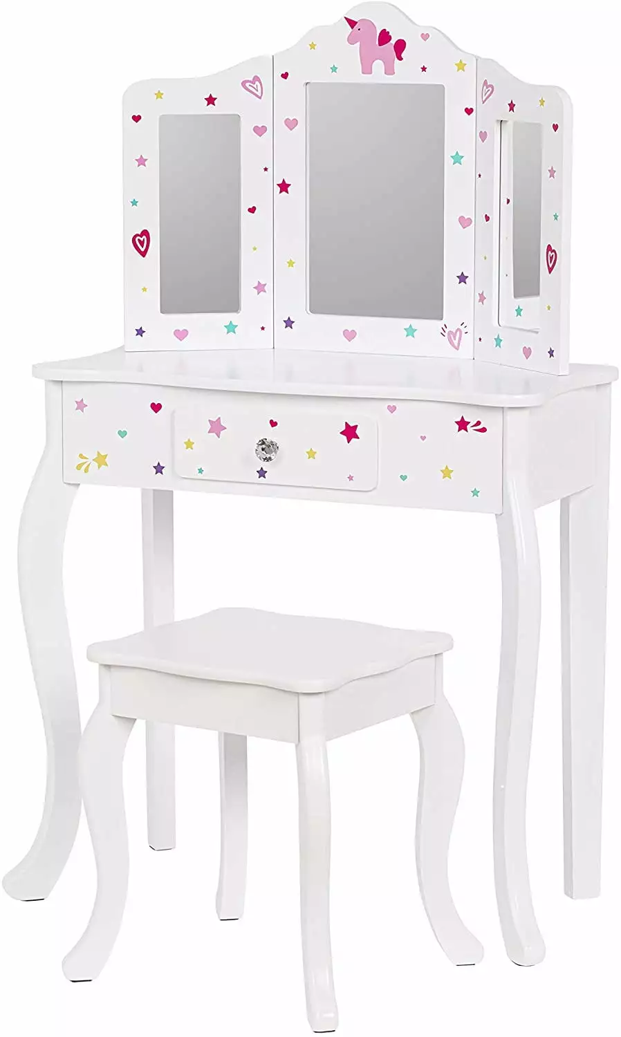 UTEX Pretend Play Kids Vanity Table and Chair Set - Makeup Dressing Table Mirror and Drawer, White