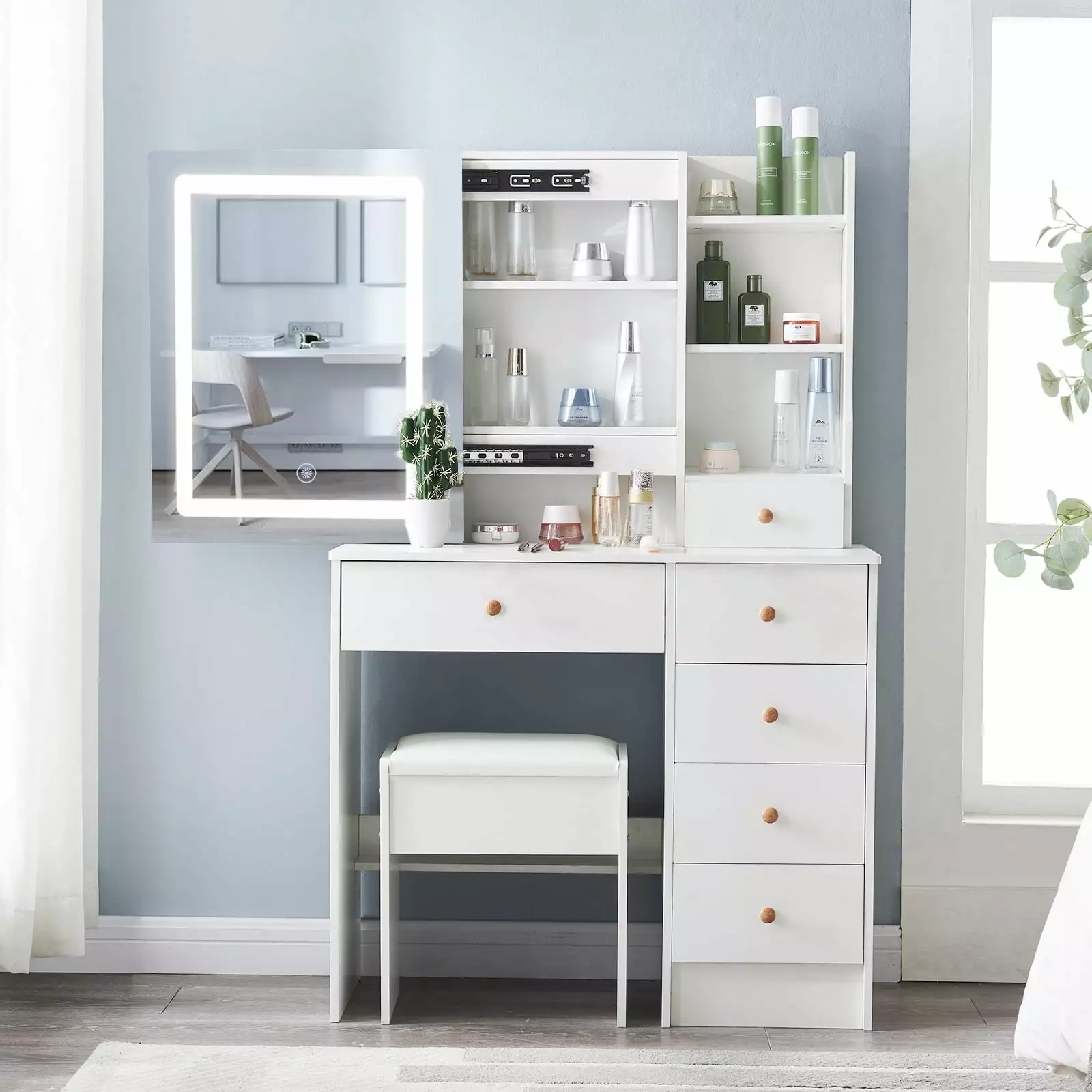 Yamissi Modern Makeup Vanity Lighted Sliding Mirror and Stool Girls Bedroom