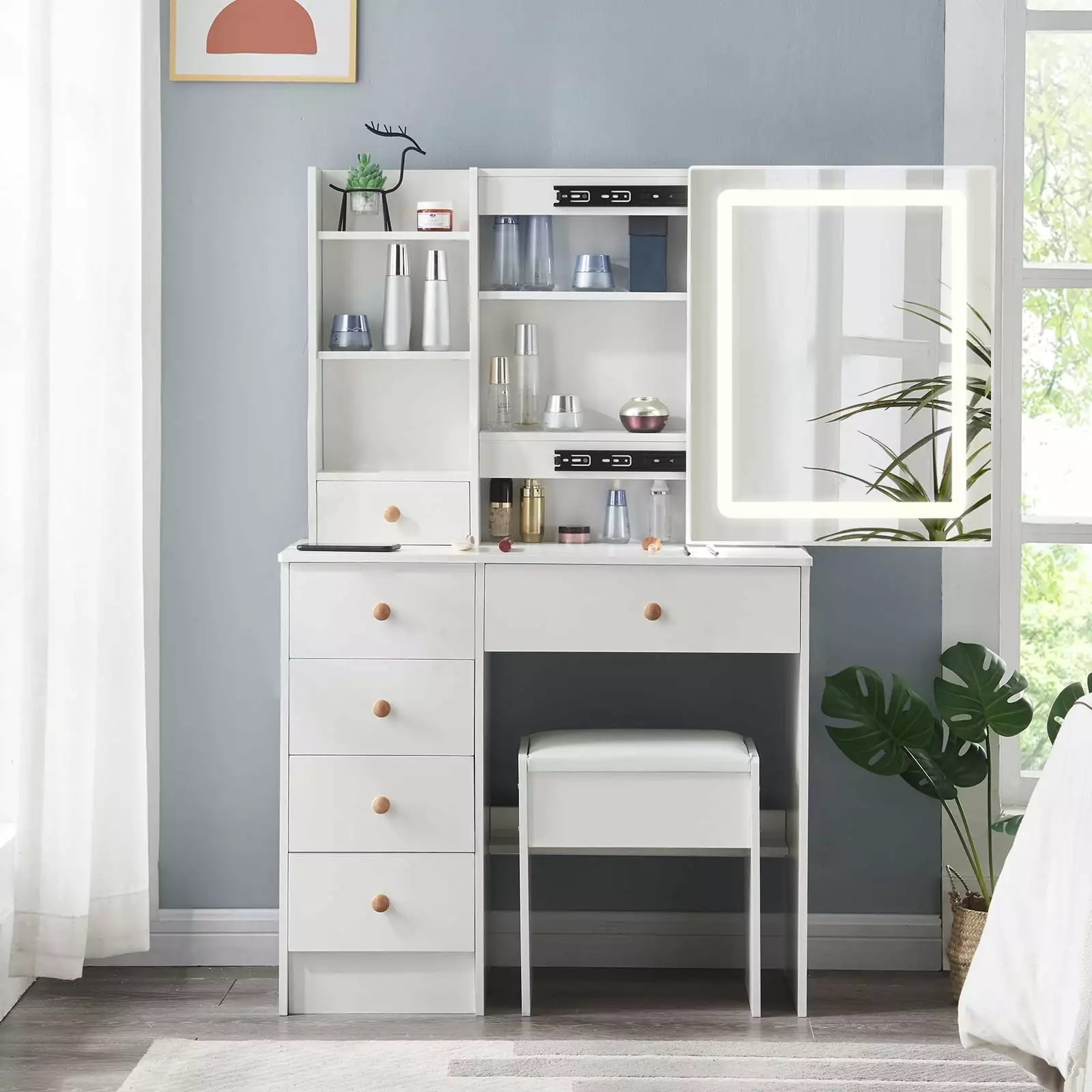 Yamissi Vanity Set Lighted Mirror, Modern White Vanity Desk Girls, Includes Stool