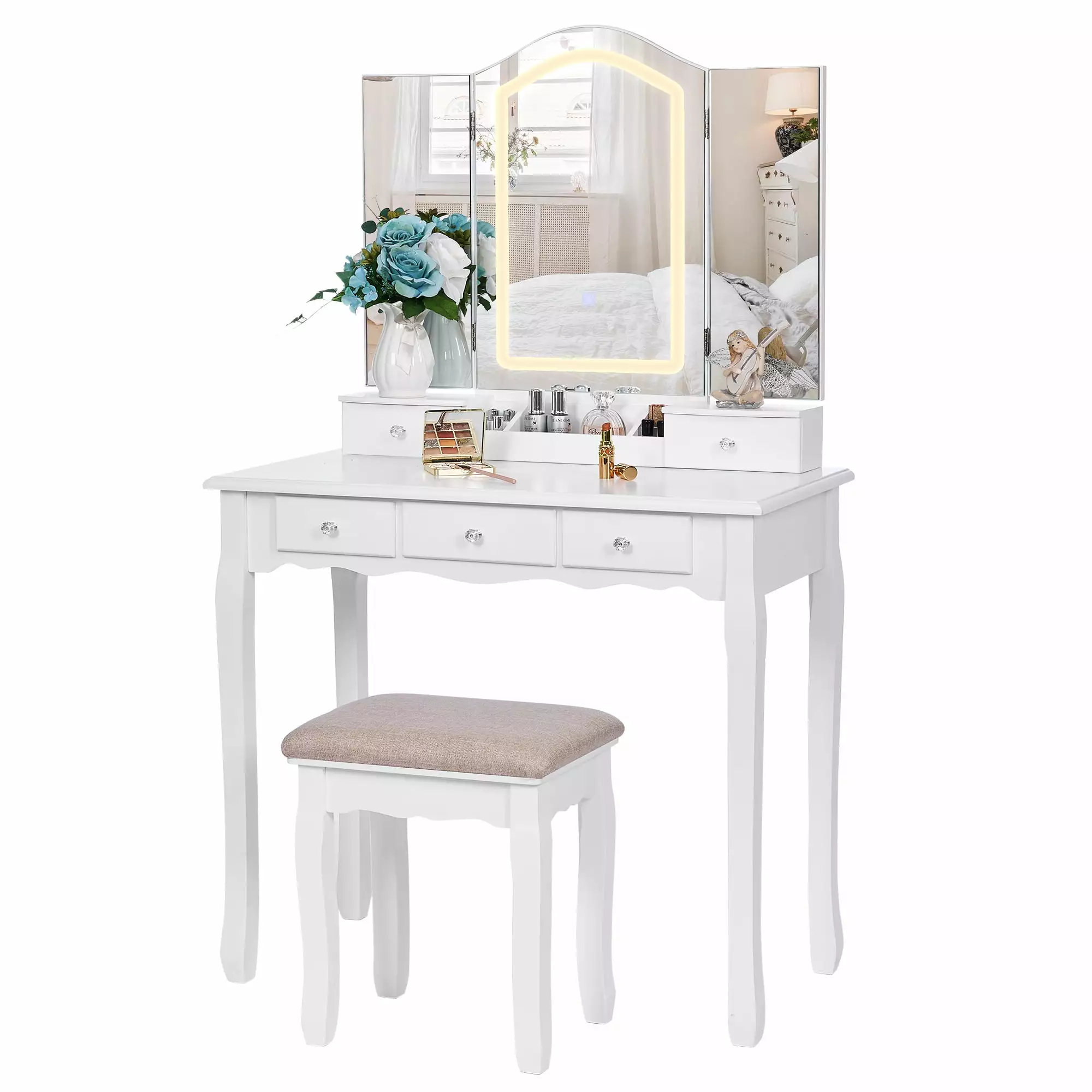 BEWISHOME Vanity Desk Mirror and Lights White Makeup Table Stool Drawers Tri-Folding Mirror