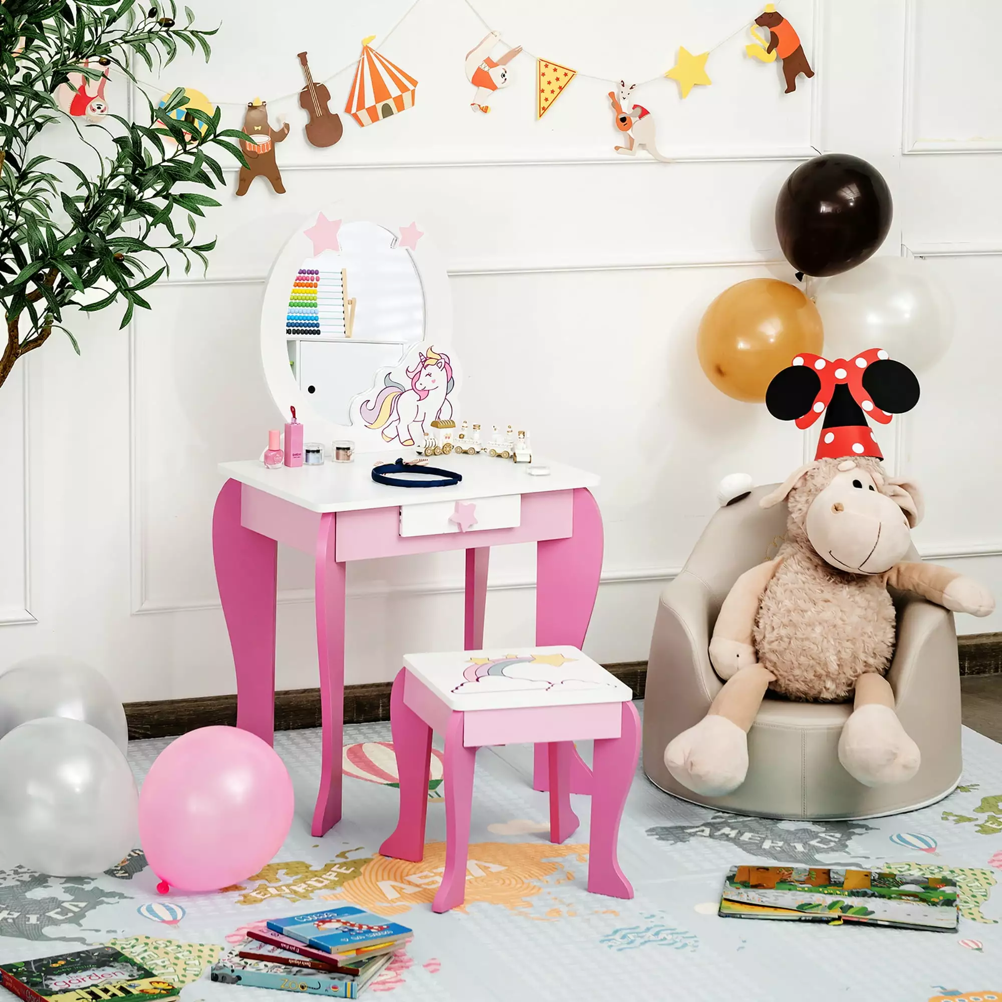 Costway Kids Vanity Makeup Dressing Table Chair Set Mirror and Drawer