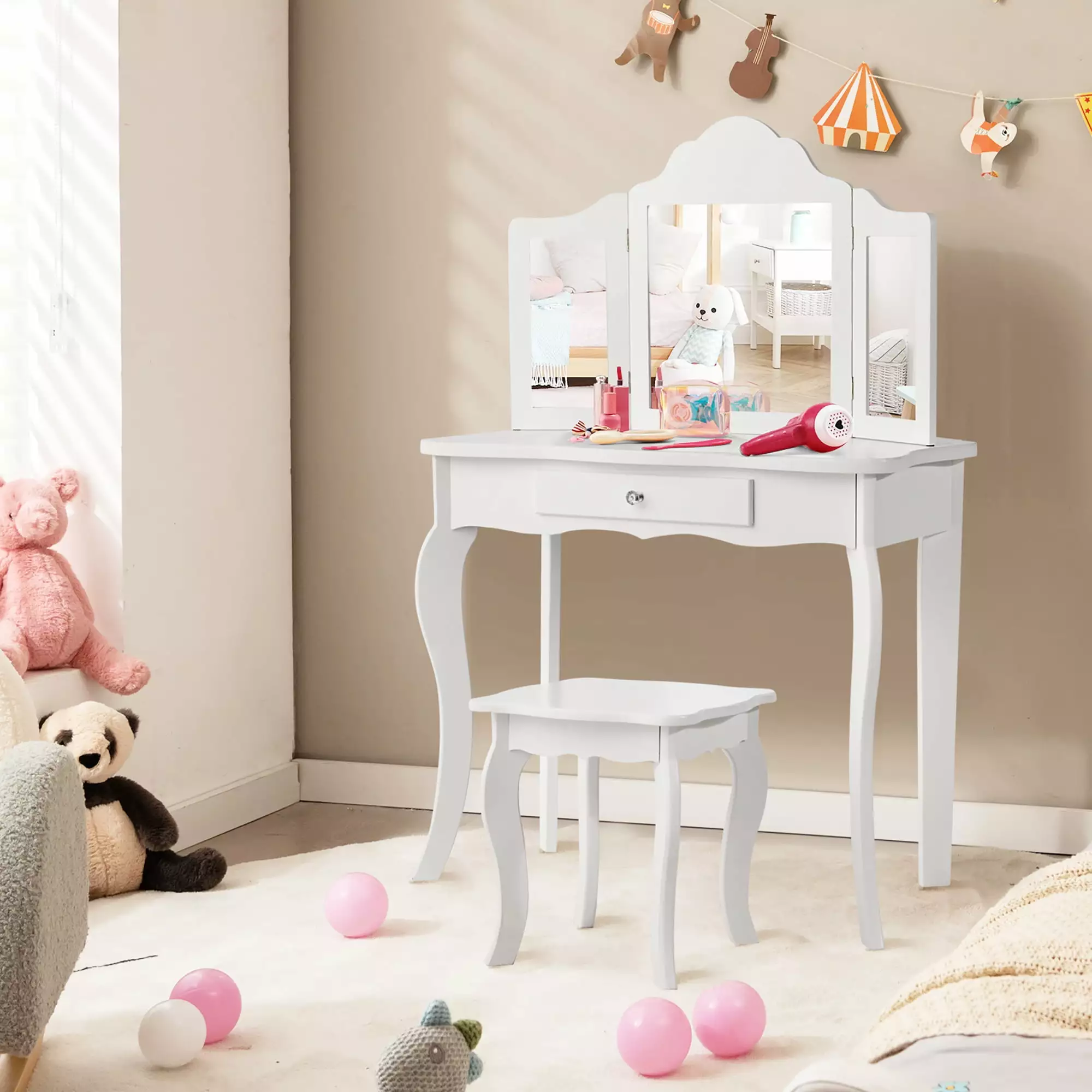 Costway Vanity Table Set Makeup Dressing Table Stool and Mirror White