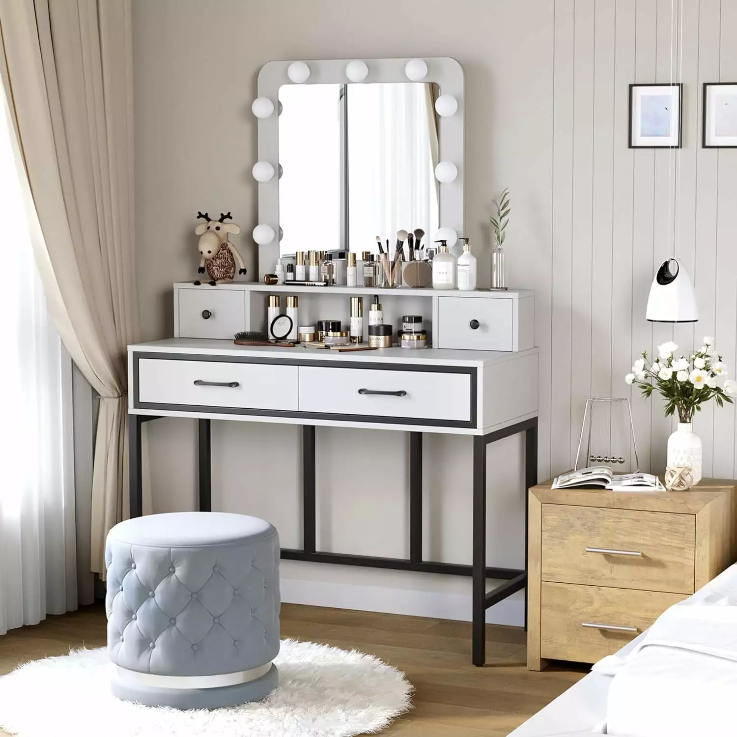 CozyHom White Vanity Desk Lighted Mirror and 4 Drawers 3 Color Lighting Modes Cozy Home