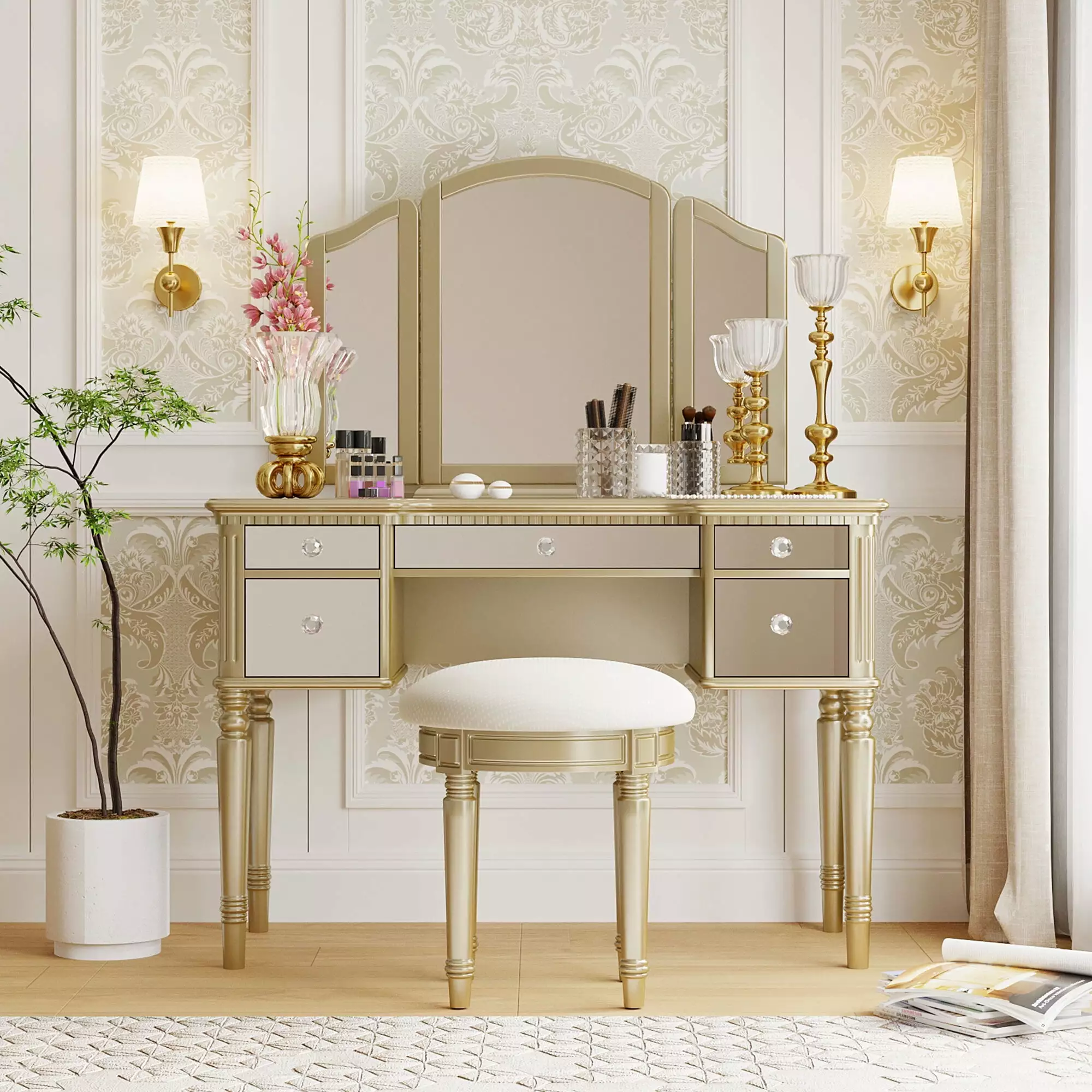 Euroco Vanity Set Tri-Fold Mirror Dressing Table Set Mirrored Drawers and Stool Gold