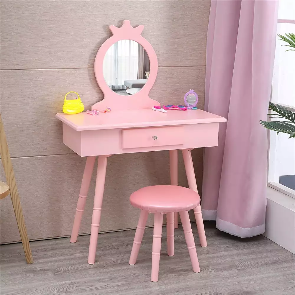 BaytoCare Kids Vanity Wooden Makeup Table Set Girls Princess Pretend Beauty Play Set Pink FCH