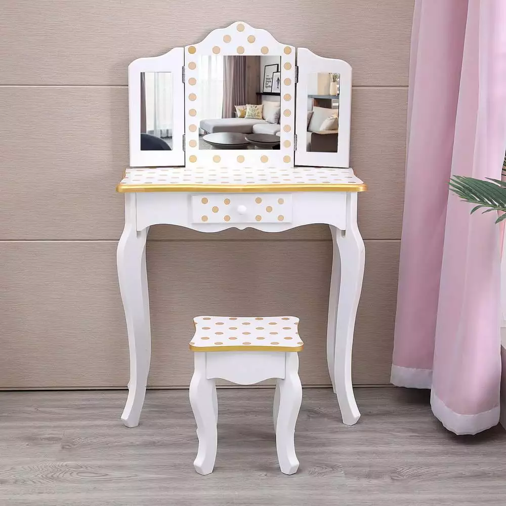 FCH Kids Vanity Table and Stool Set Princess Makeup Dressing Table Three-Fold Mirror Gold