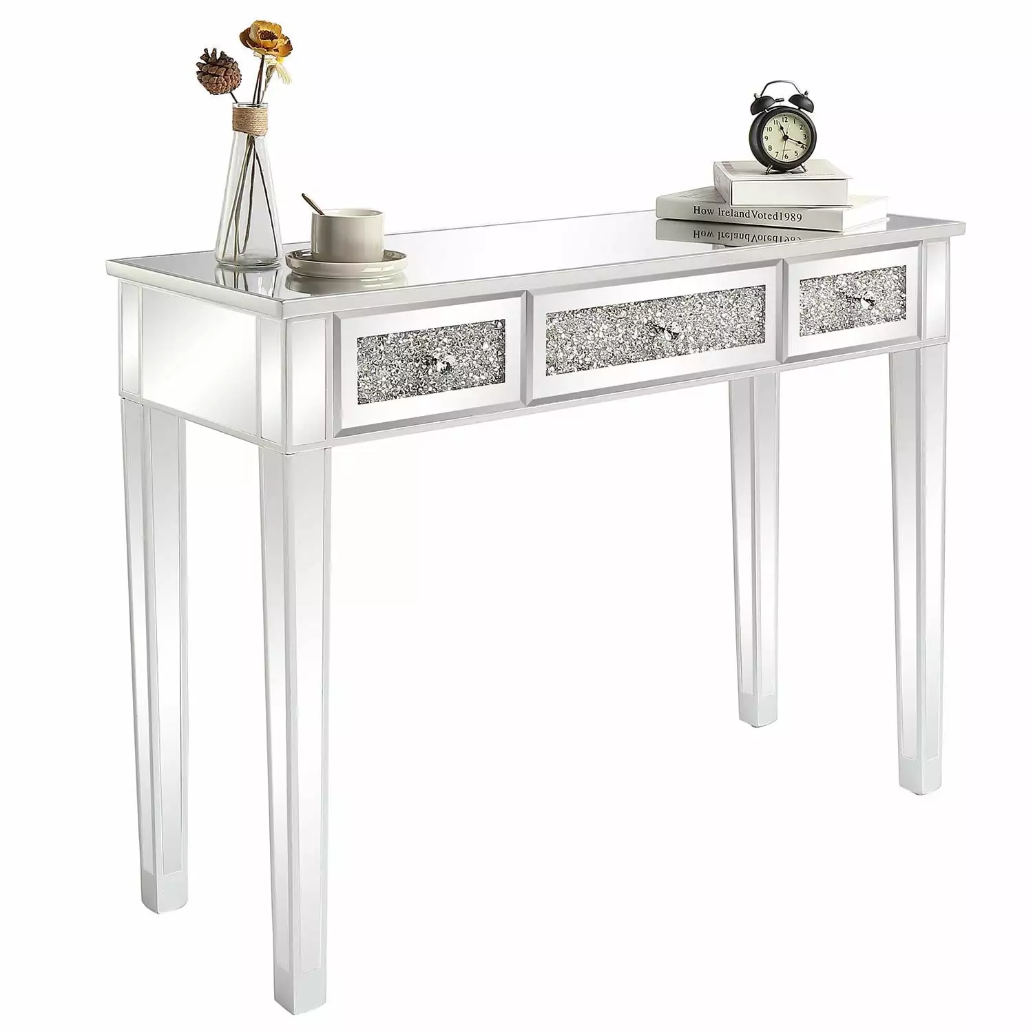 Ktaxon 3-Drawer Mirrored Vanity Makeup Table Glass Bedside Table Silver FCH