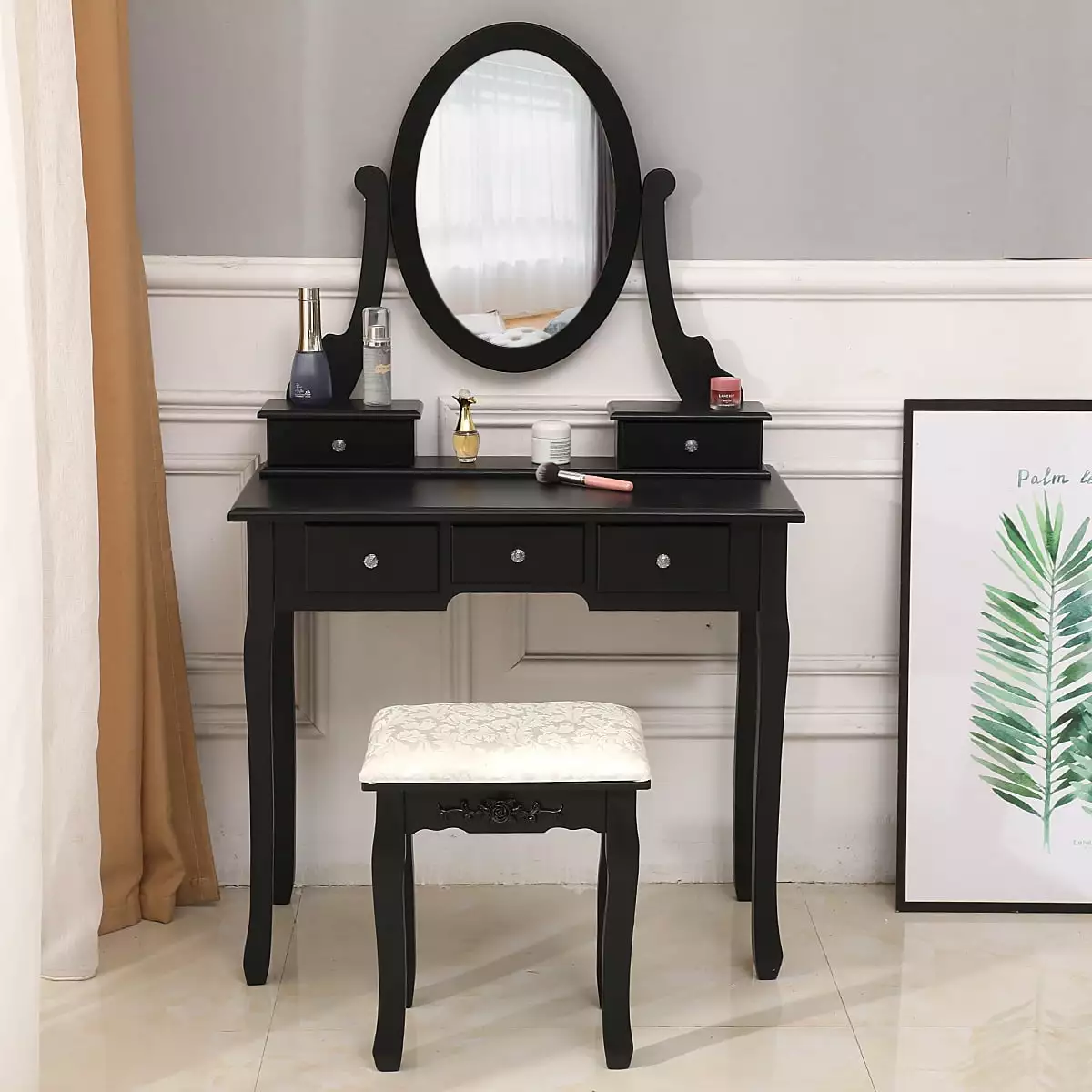 Zimtown Black Vanity Makeup Dressing Table Set Stool 5 Drawers & Mirror Jewelry Desk Modern Beauty Station FCH