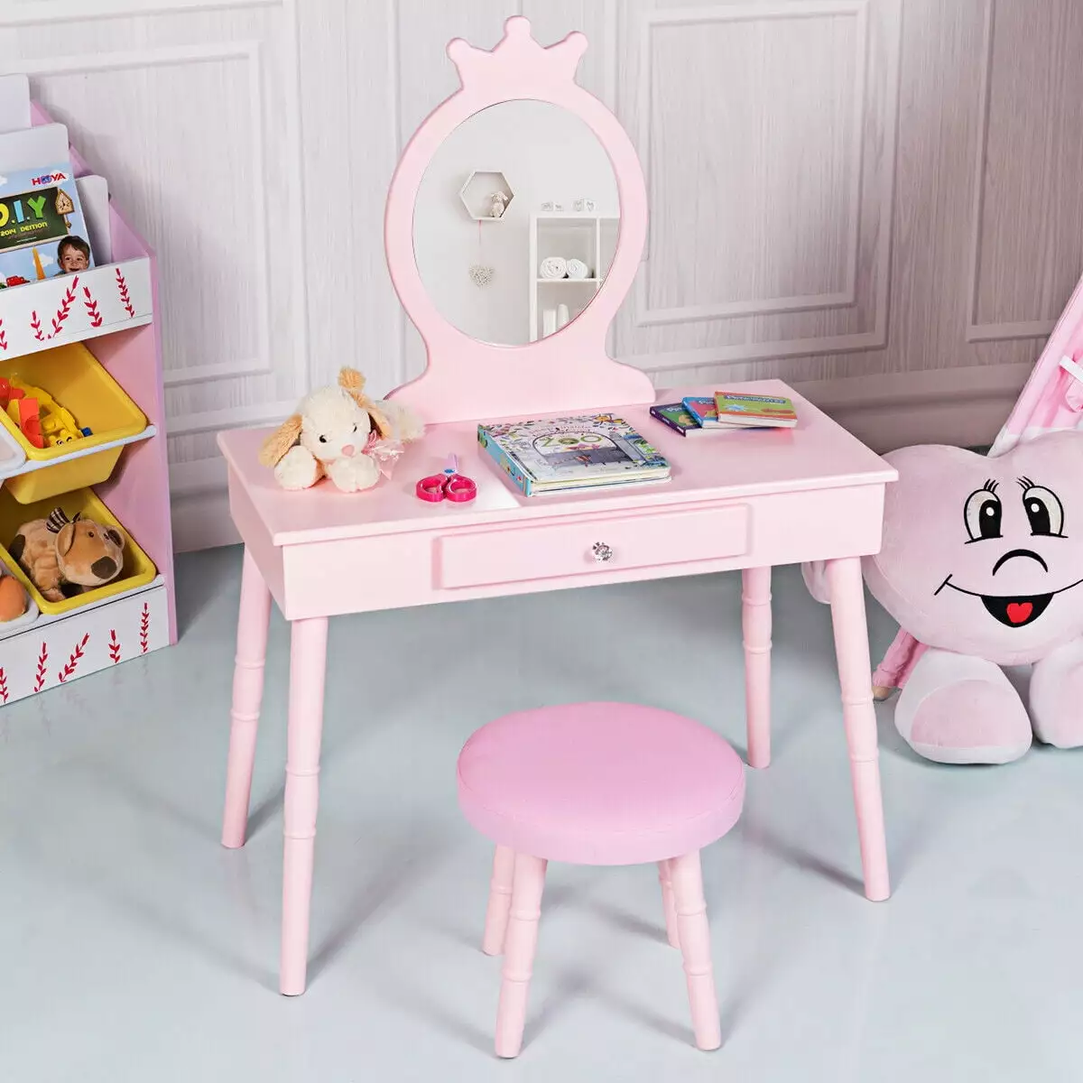 Gymax Kids Vanity Makeup Table & Chair Set Play Set Children Pink