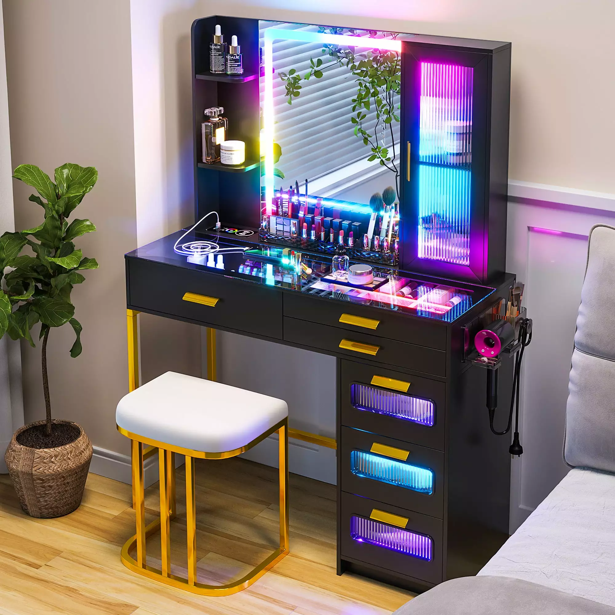 HNEBC RGB Vanity Desk Lights Glass Top Makeup Desk Wireless Charging Station Black