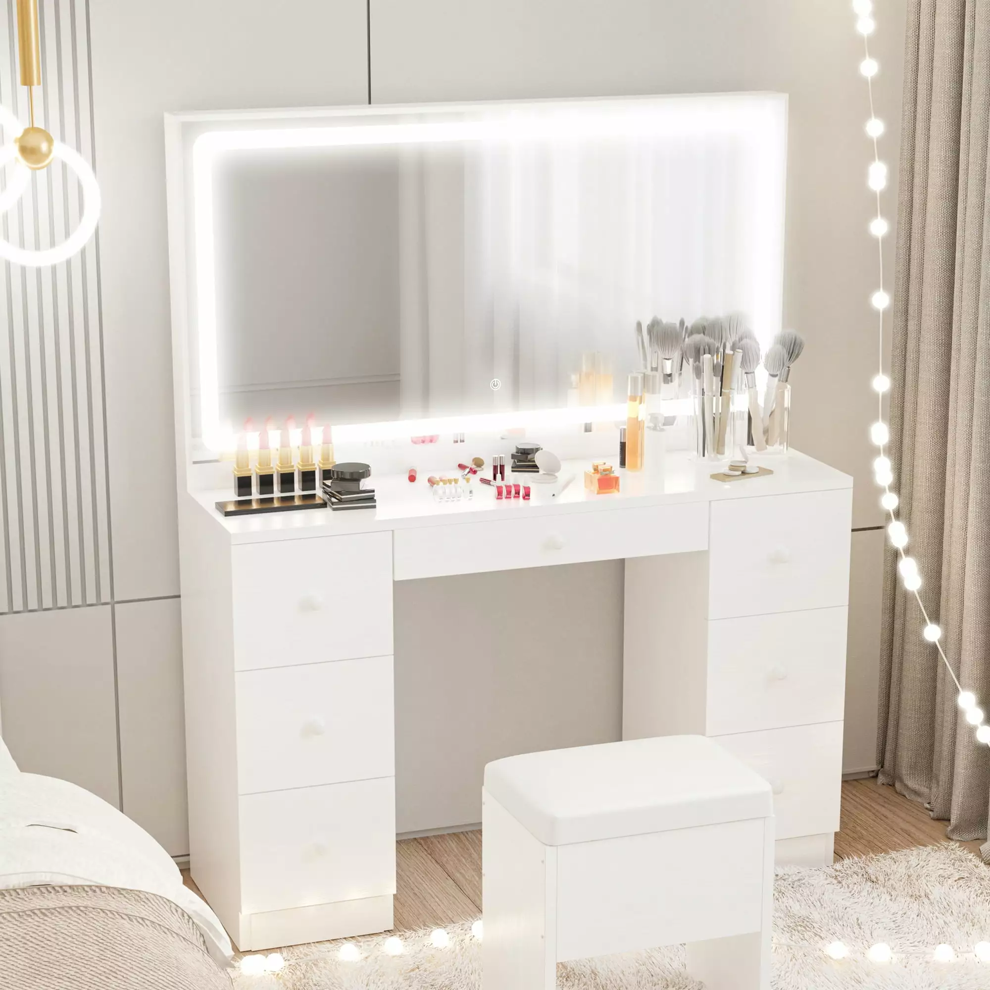 IRONCK Vanity Desk Set LED Lighted Mirror Power Outlet 7 Drawers White