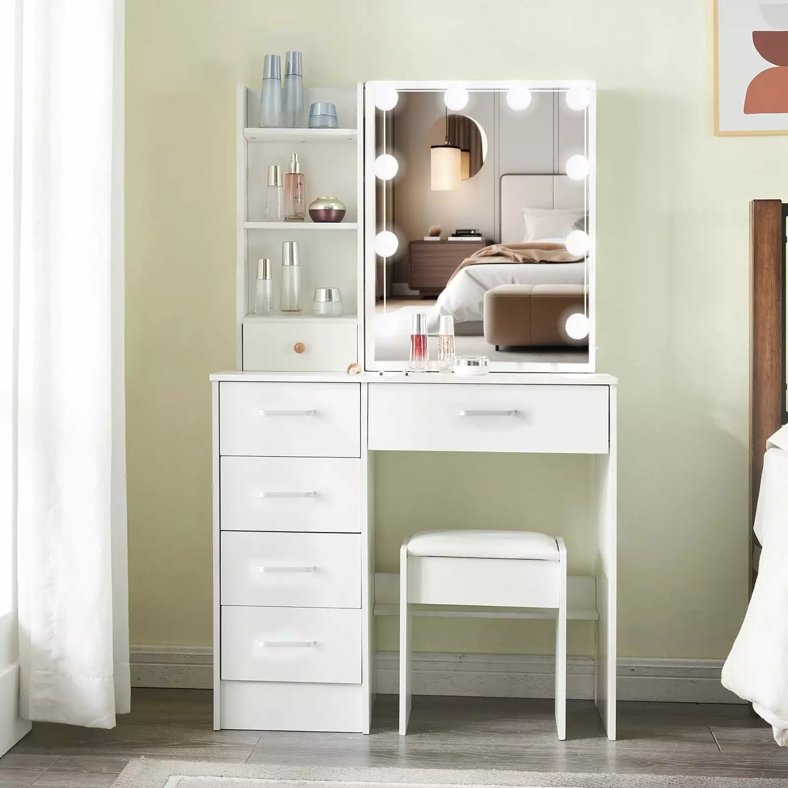 JBLCC Modern White Vanity Set Lighted Mirror and 6 Drawers - Makeup Desk Stool