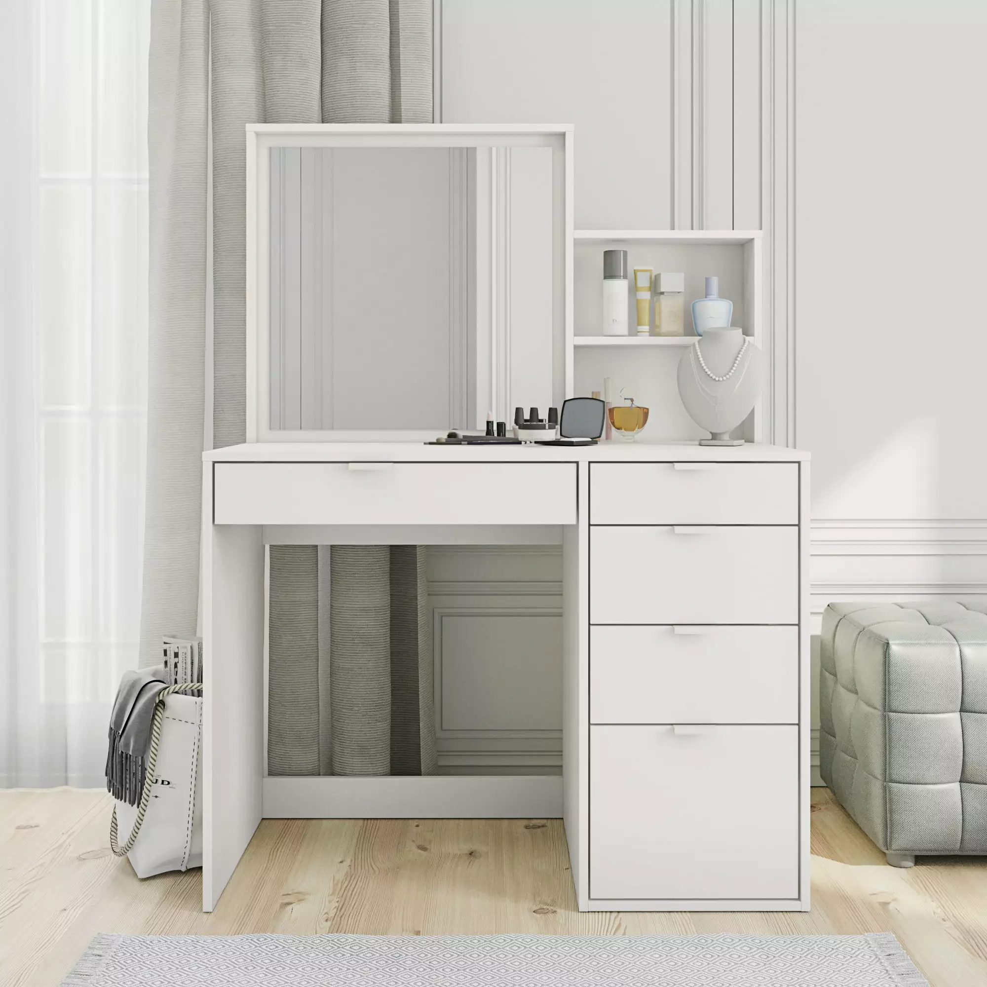 Suzana Space-saving Vanity Table 5 Drawers and Shelves White Finish K1 International Group
