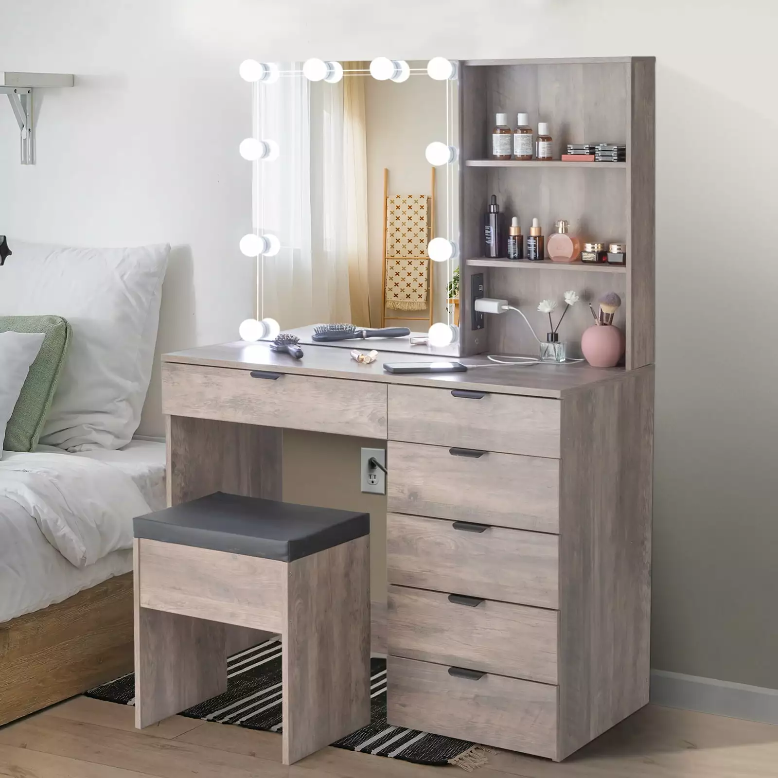 Ktaxon Grey Makeup Vanity Table Set 3 Color Light and USB Charging Station - 6 Drawers