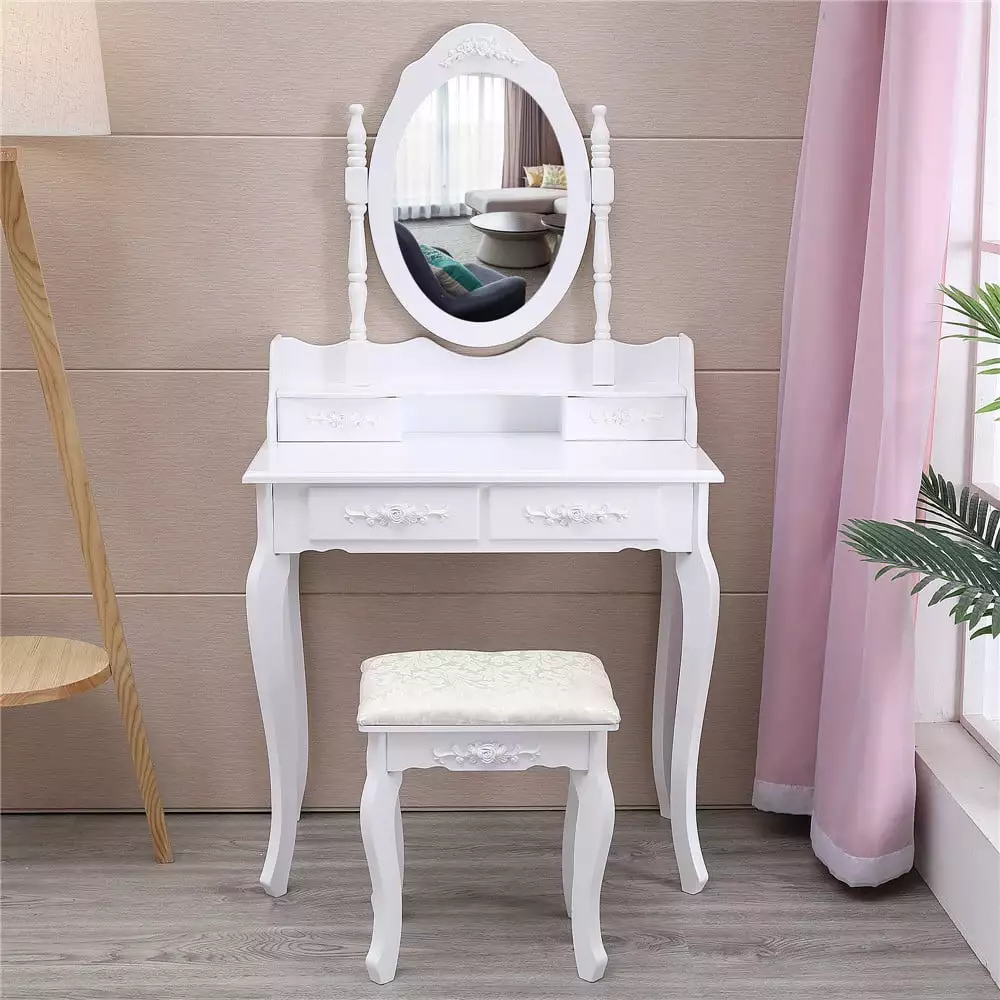 Ktaxon Vanity Dressing Table Stool and Mirror - White Makeup Desk 4 Drawers