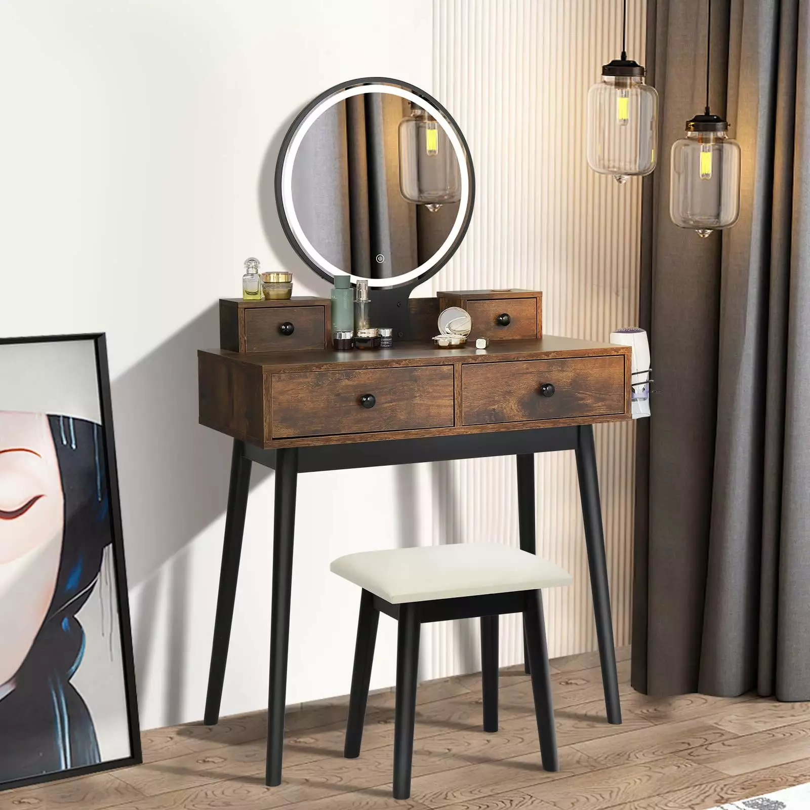 Ktaxon Vanity Table Set 3 Color Lighted Mirror Makeup Dressing Table 2 Large Drawer