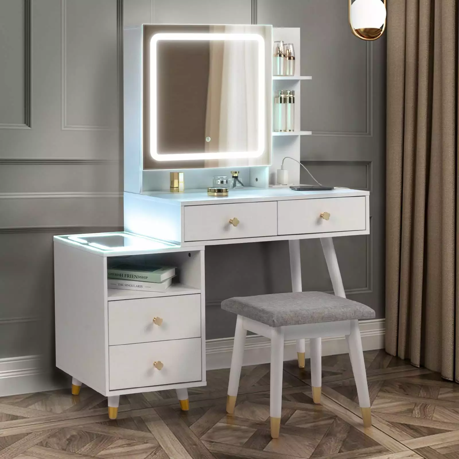 Ktaxon White Vanity Table Set LED Nightstand and Lighted Mirror - Makeup Desk USB Charging Station