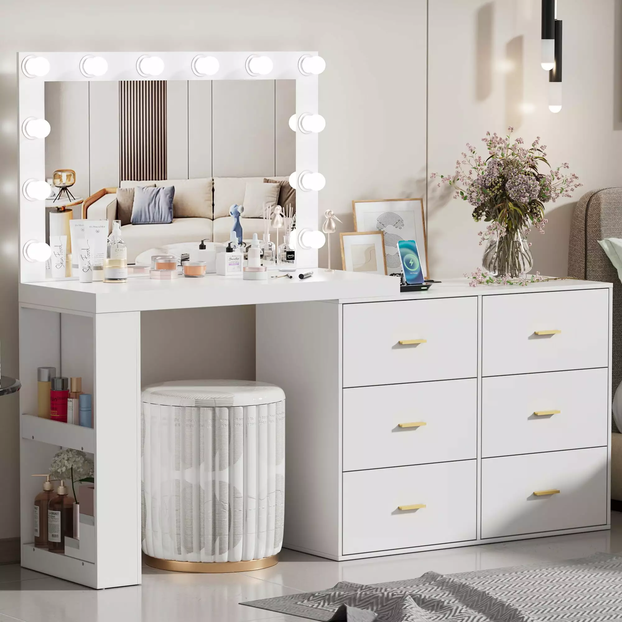 PAKASEP Makeup Vanity Desk Mirror 3-Color Lights Charging Station 6 Drawers White