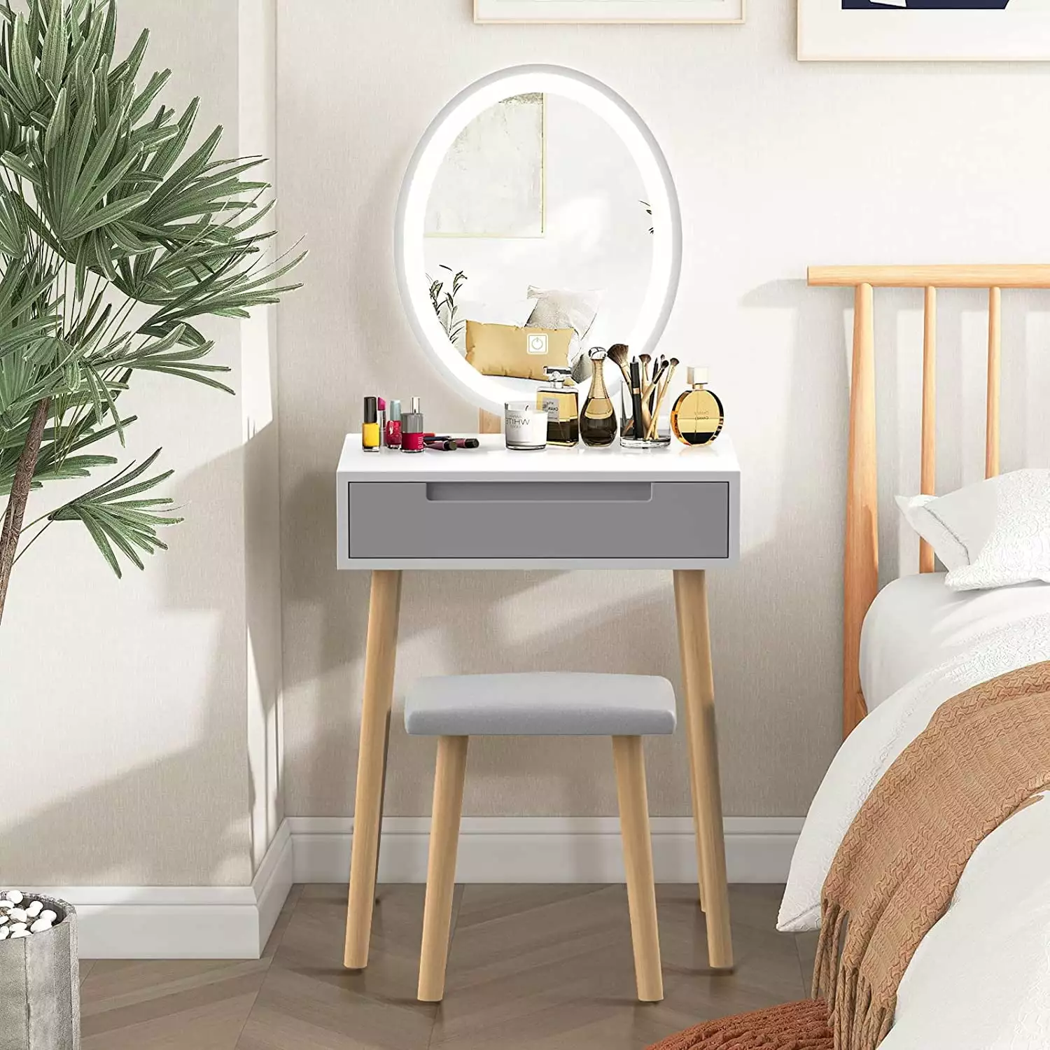 PULUOMIS Modern Makeup Vanity Table Set Adjustable Lighted Mirror Cushioned Stool