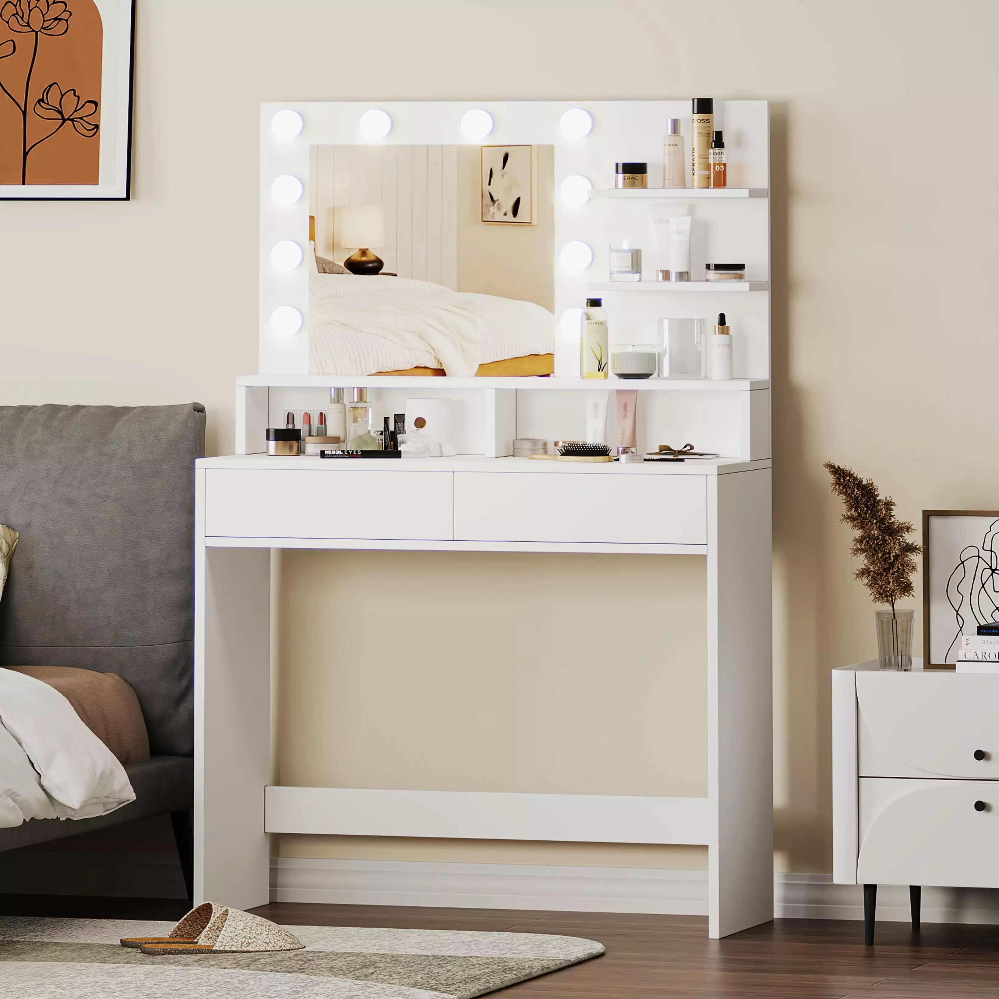 Reettic Vanity Table Lighted Mirror and Shelf Makeup Vanity Desk Drawers Bedroom Dressing Table