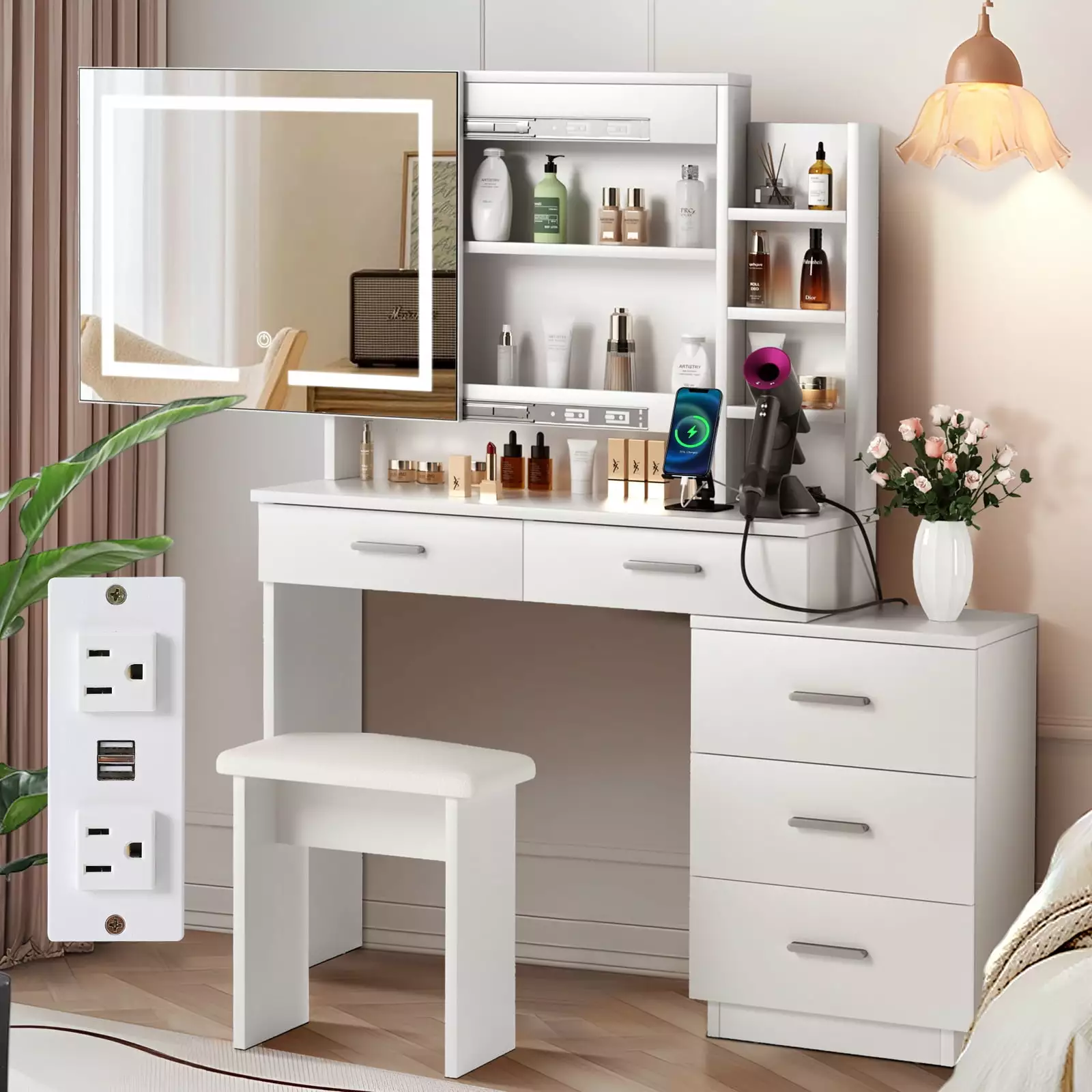 Richya Modern White Makeup Vanity Desk Set Sliding Mirror and Lights Dresser Makeup Table Stool and Drawers