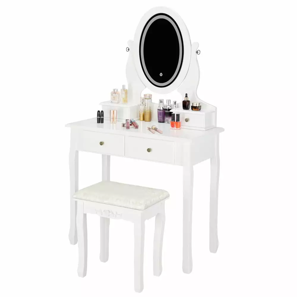 VINGLI Makeup Vanity Table Lights White Vanity Desk Mirror Drawers Stools Girls