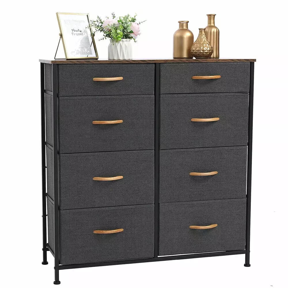 CSHPO Vertical Dresser Storage Tower Sturdy Steel Frame Wood Top Easy Pull Fabric Bins Wood Handles