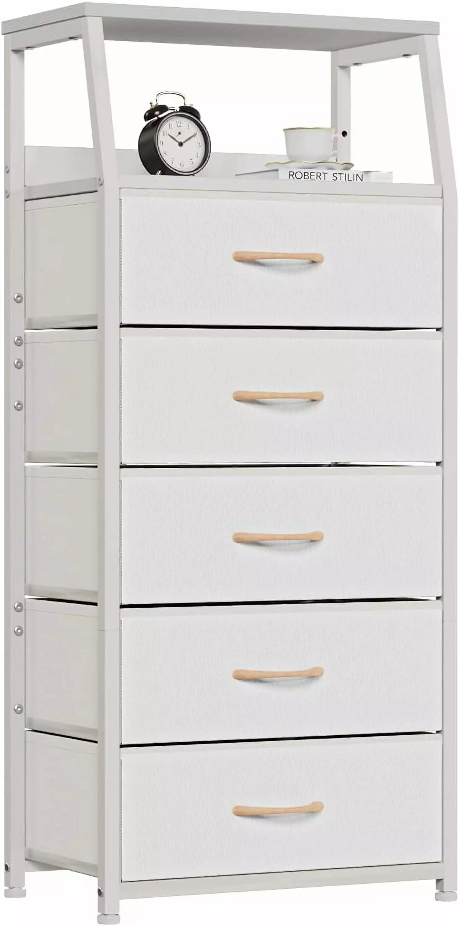 Furnulem White 5 Drawer Vertical Storage Tower Dresser Sturdy Steel Frame and Wood Top