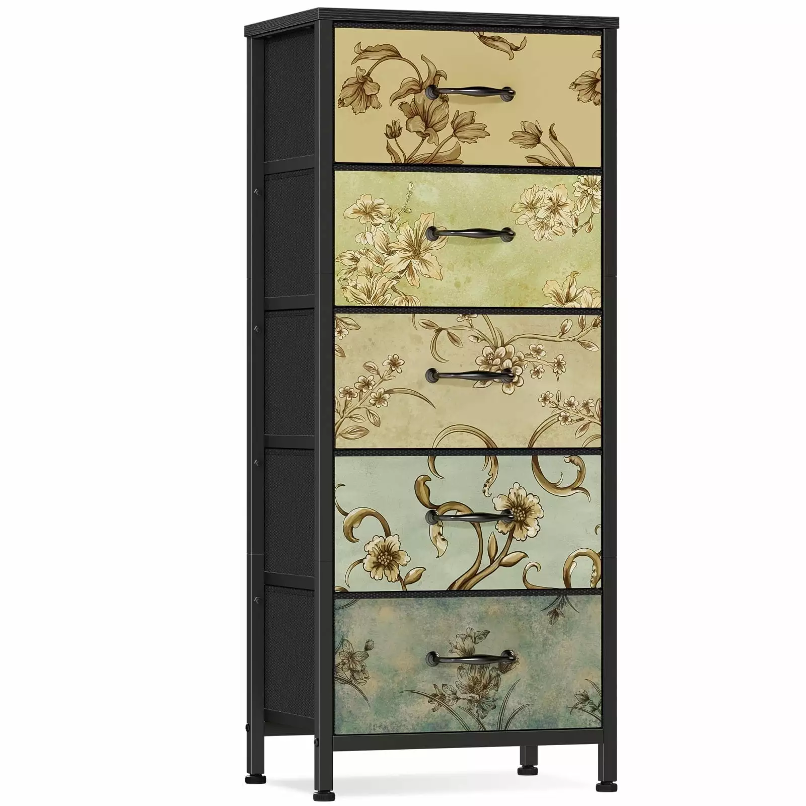 Furologee Vertical Tall Skinny Dresser 5 Fabric Drawers - Vintage Storage Tower Bedroom