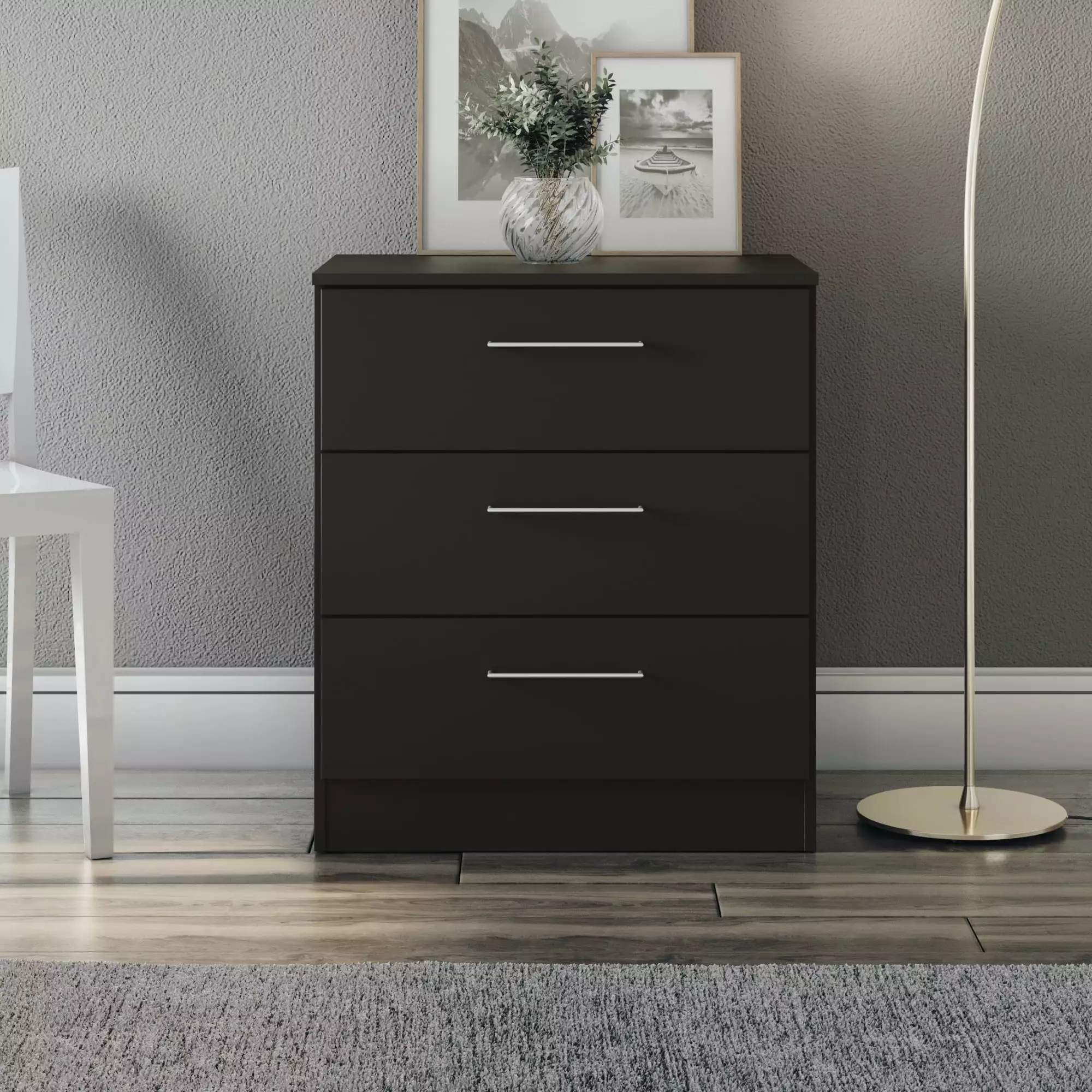Jolyne 3 Drawer Vertical Dresser Black Finish Compact Bedroom Storage K1 International Group