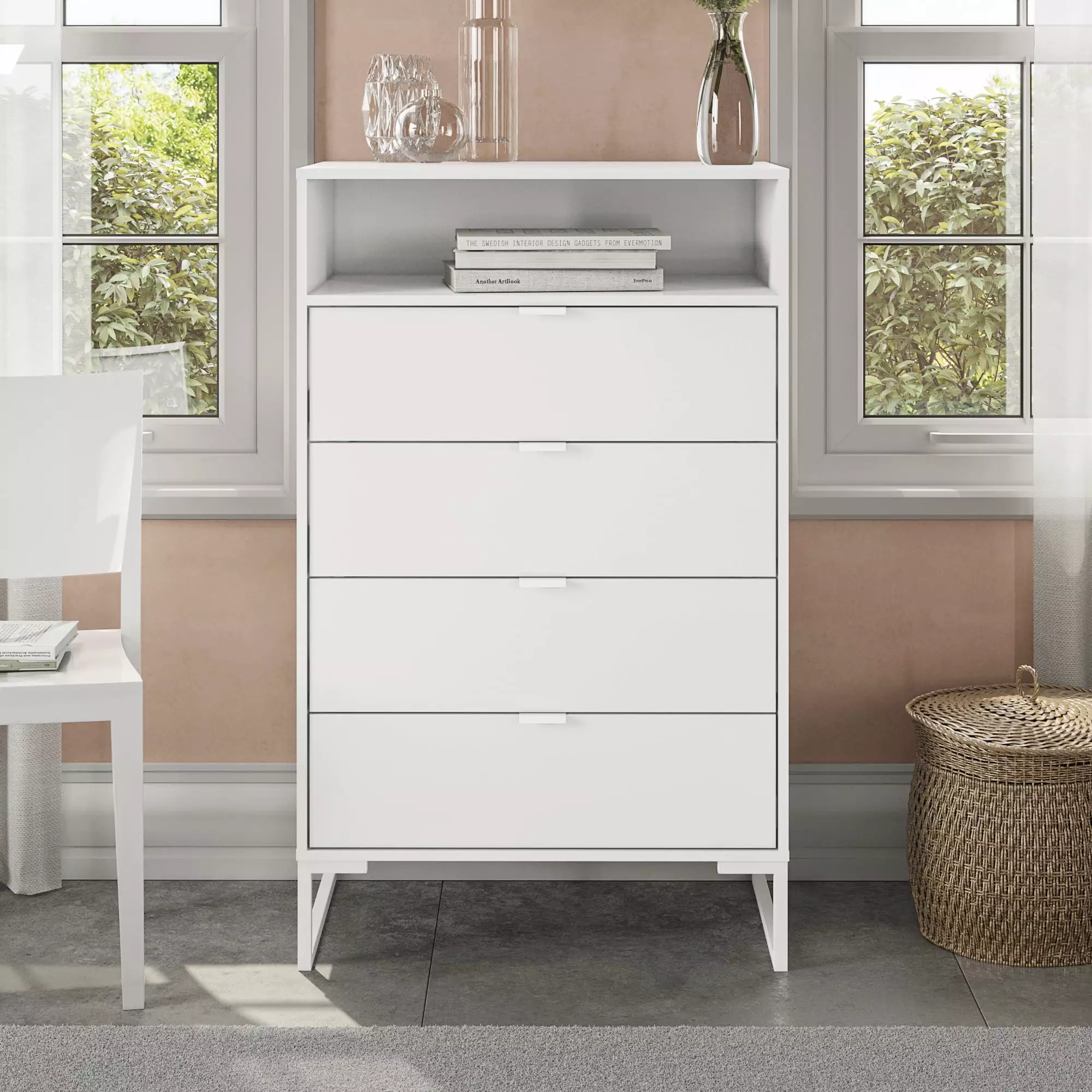 New Collins Tall 4-Drawer Vertical Dresser Storage Niche White Melamine Finish K1 International Group