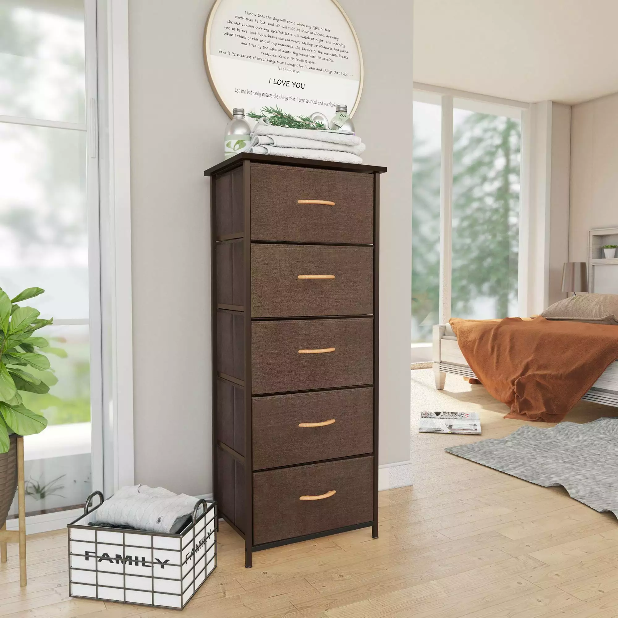 Pellebant Brown 5-Drawer Houtilizehold Vertical Storage Tower Chest Bedroom