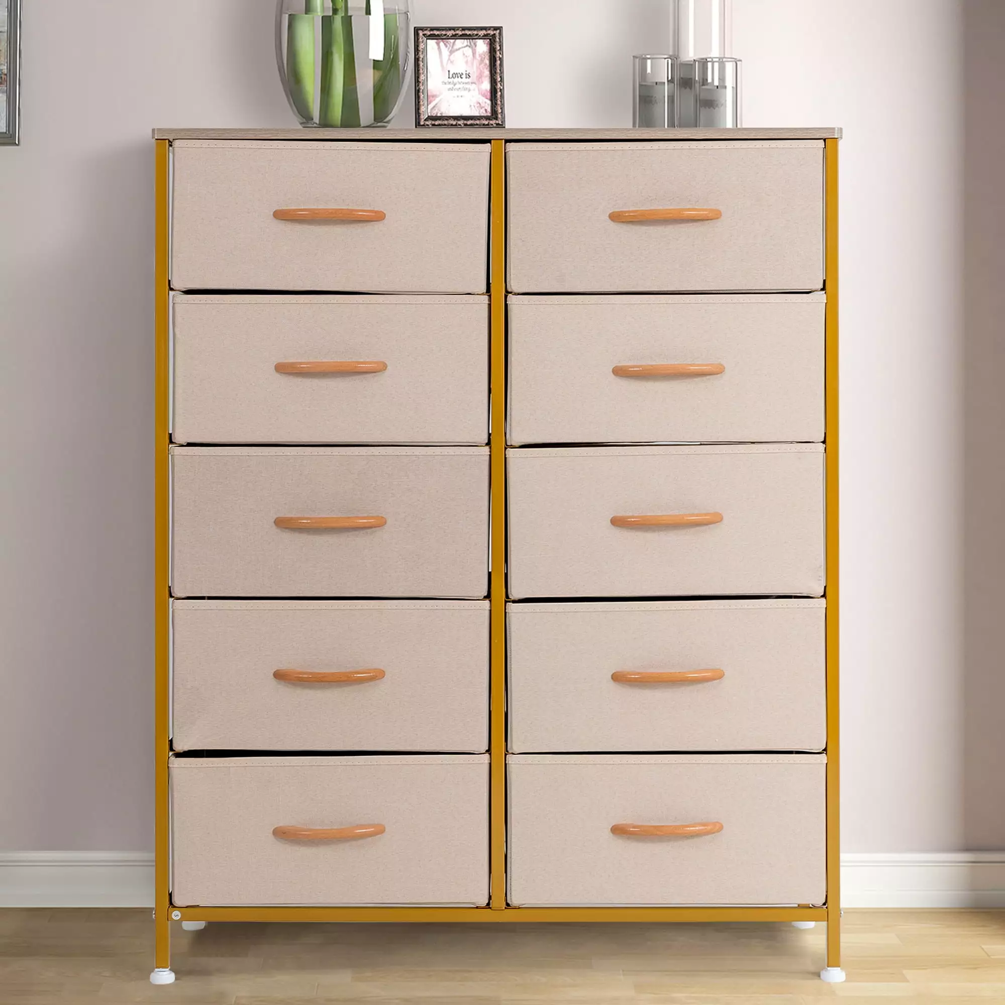 Prime Garden 10 Drawer Dresser Storage Tower Bedroom Gold Finish