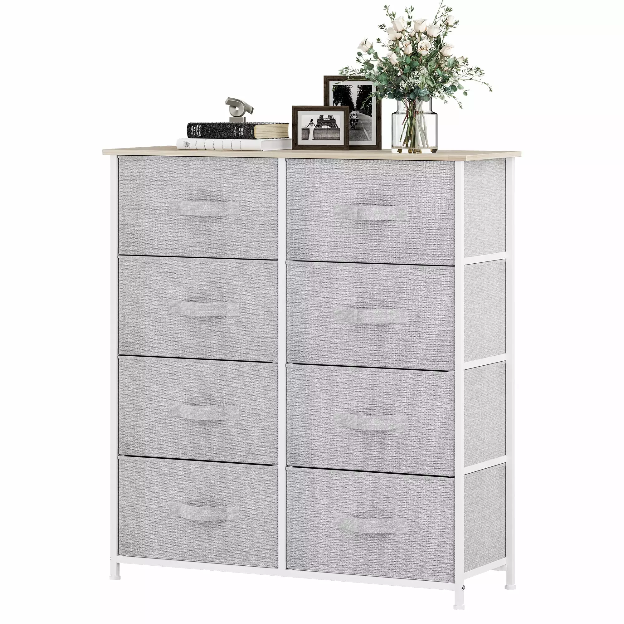 YINTATECH Vertical 8 Drawer Fabric Dresser Storage Tower Bedroom Light Gray