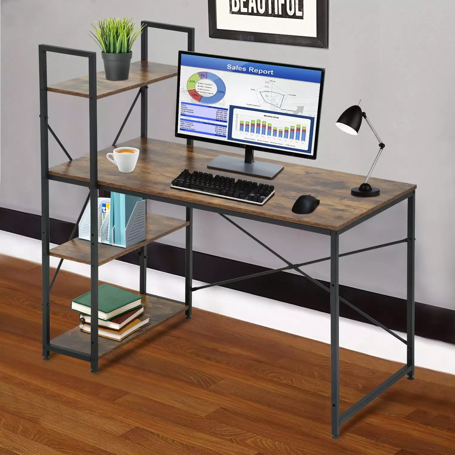 Vintage Computer Desk Bookshelf 47.2 W x 23.6 D BestOffice
