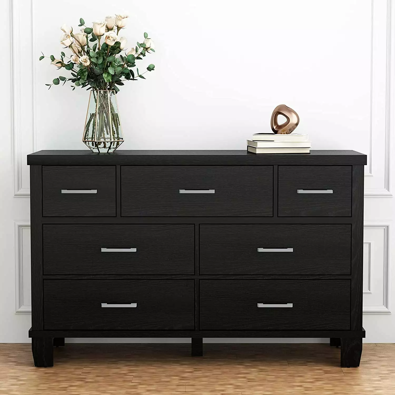 Vintage Dresser Bedroom 7 Drawers Wood Chest Drawers Closet Living Room Hallway Nursery Black Lumiparty