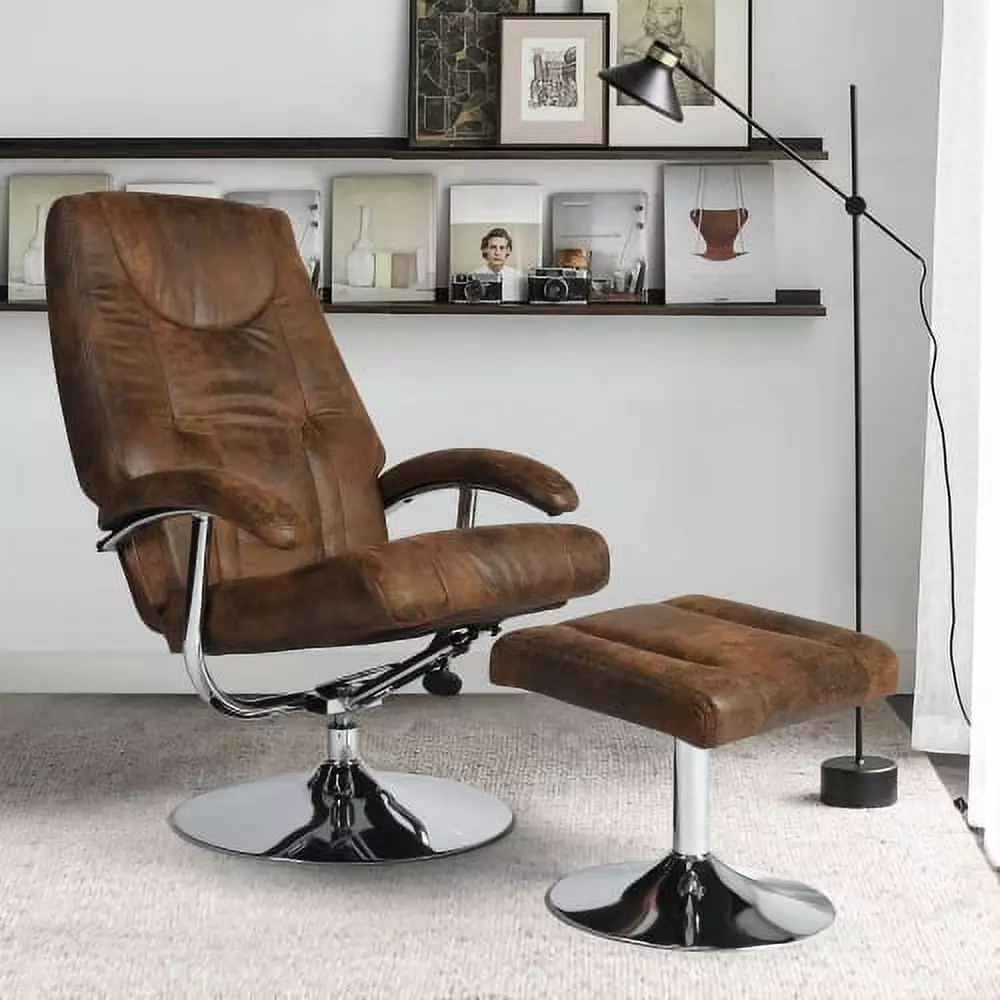 Vintage Leather Air Swiveling Recliner Chrome Base and Matching Ottoman Vintage Brown ANHUITAGS