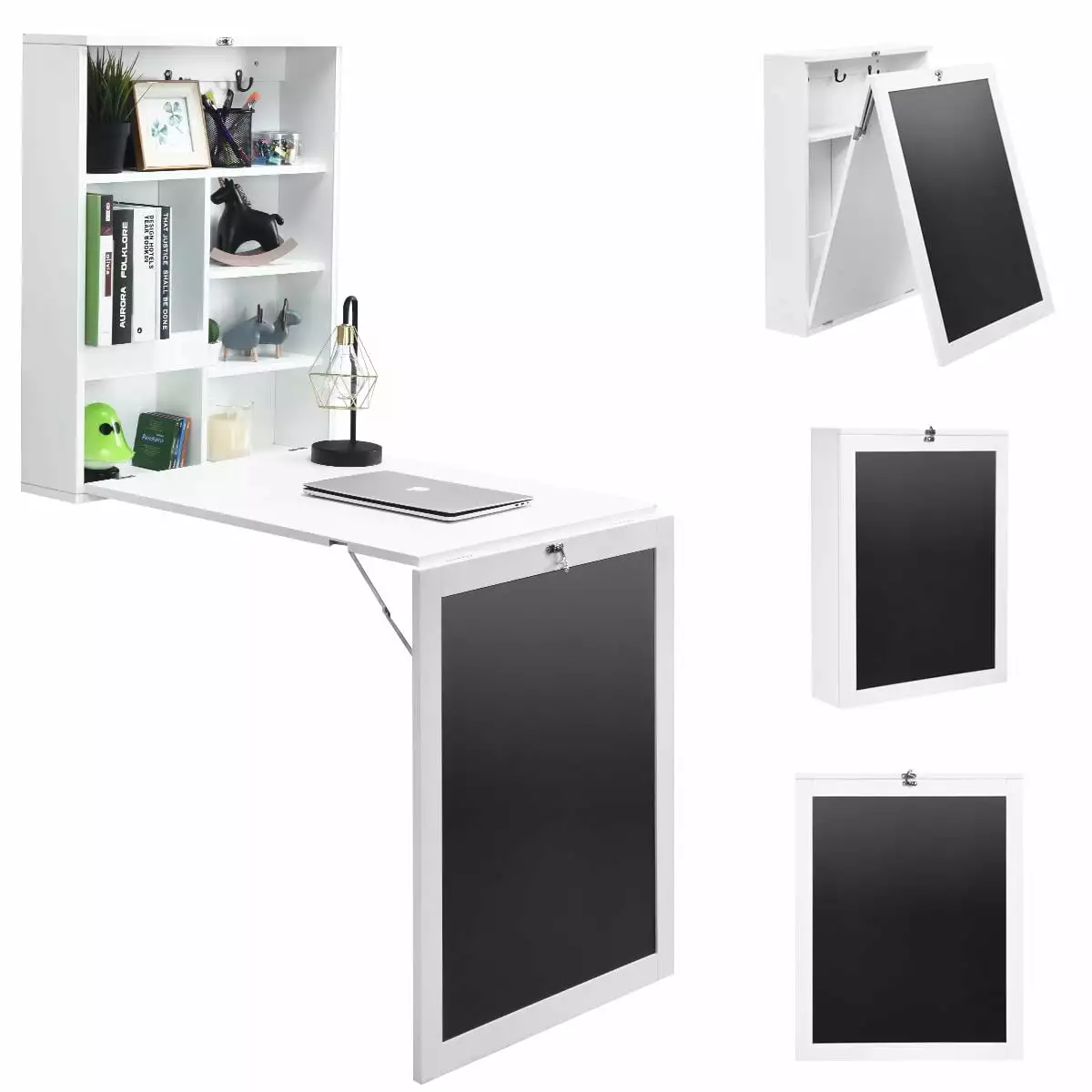 Giantex Folding Desk - Wall Mounted Fold Out Desk Storage Shelves & Hooks Small Spaces