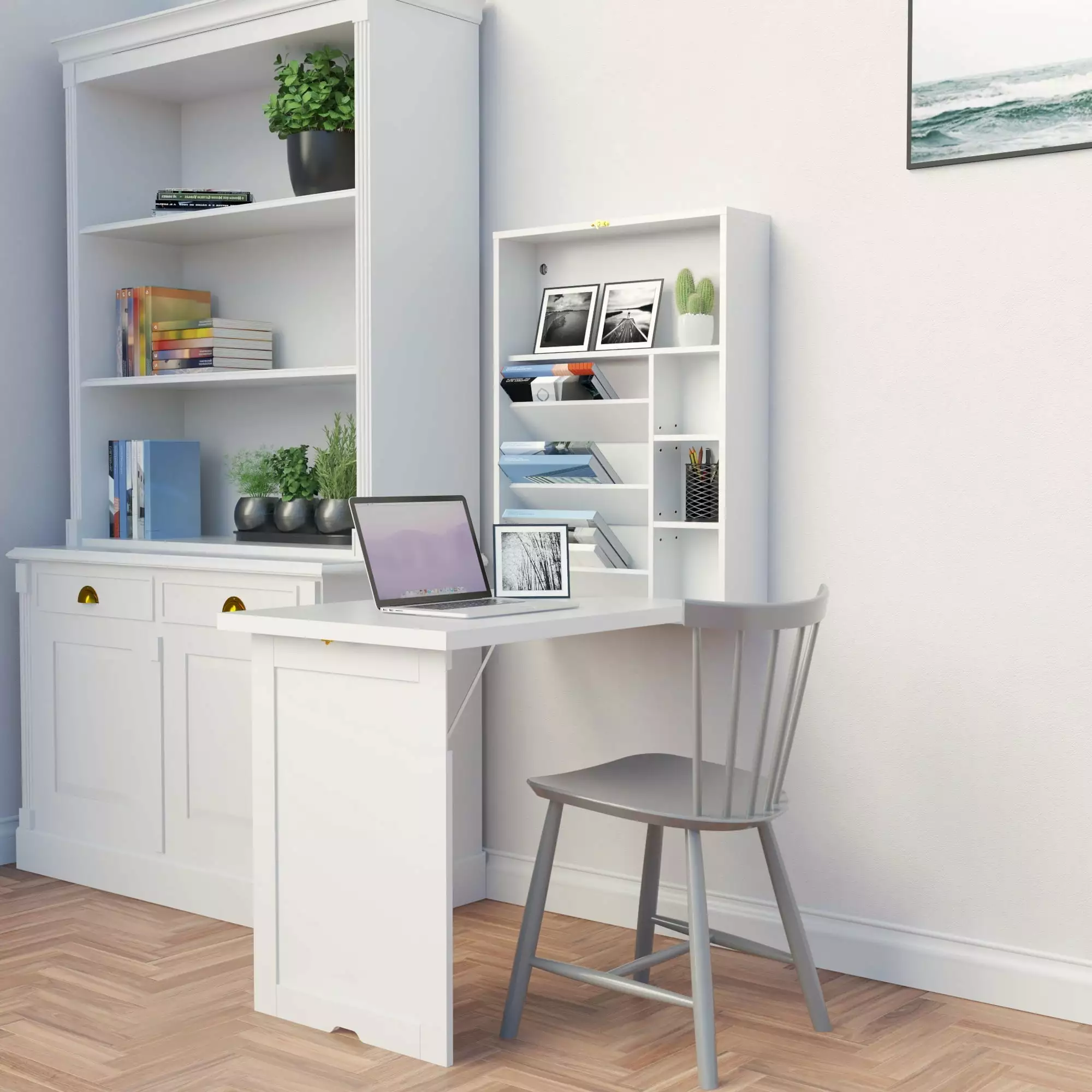 Jaxpety Wall Mounted Foldable Desk Convertible Space Saving Desk Book Storage White