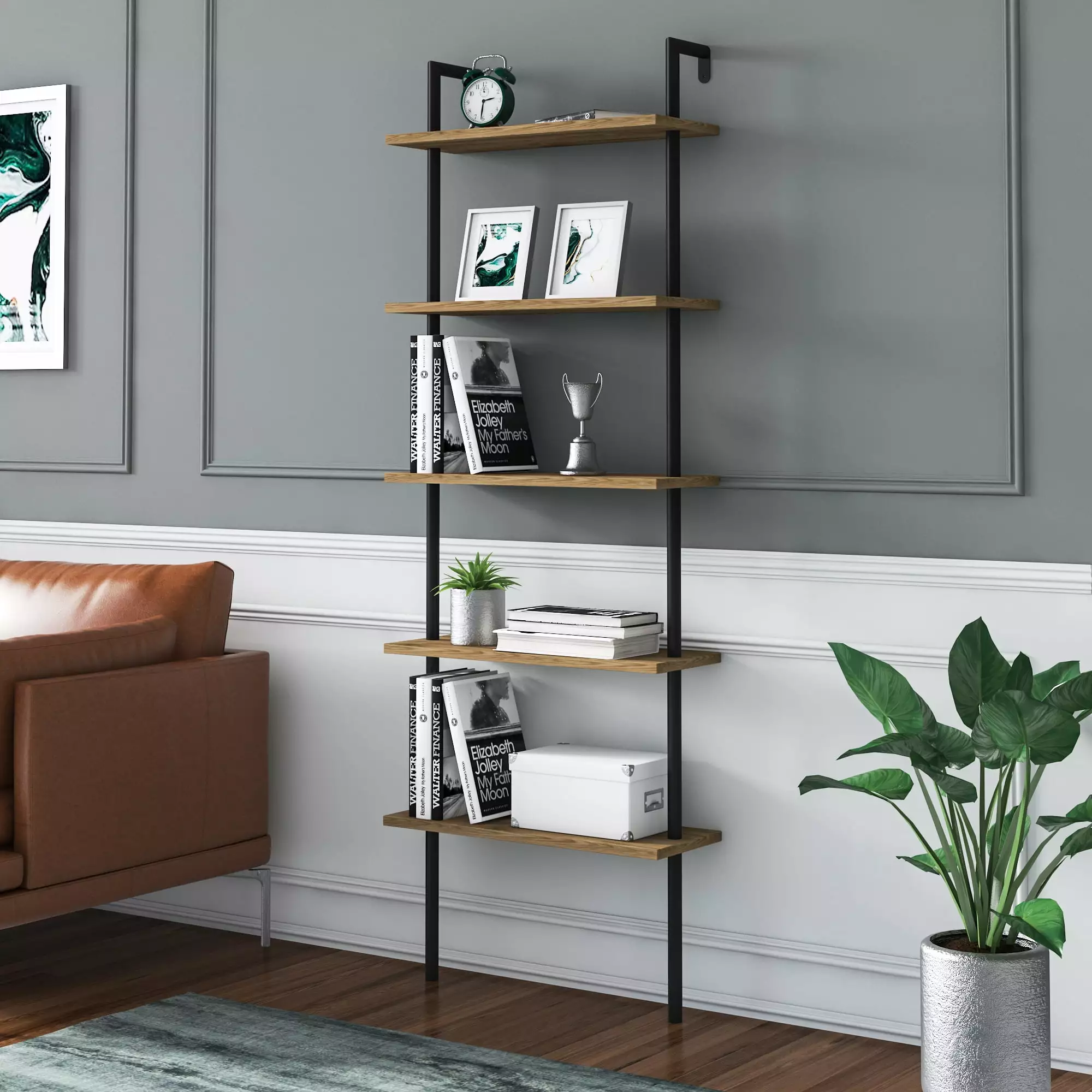 Paula 5-Tier Wall Mount Bookshelf Gold Space Saving Floating Shelf Decorotika