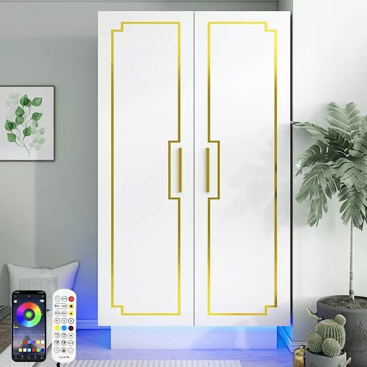 Blotout Modern 70in LED 2 Doors Armoire Wardrobe Closet Cabinet Hanging Rod RGB LED 6000-color Lights White