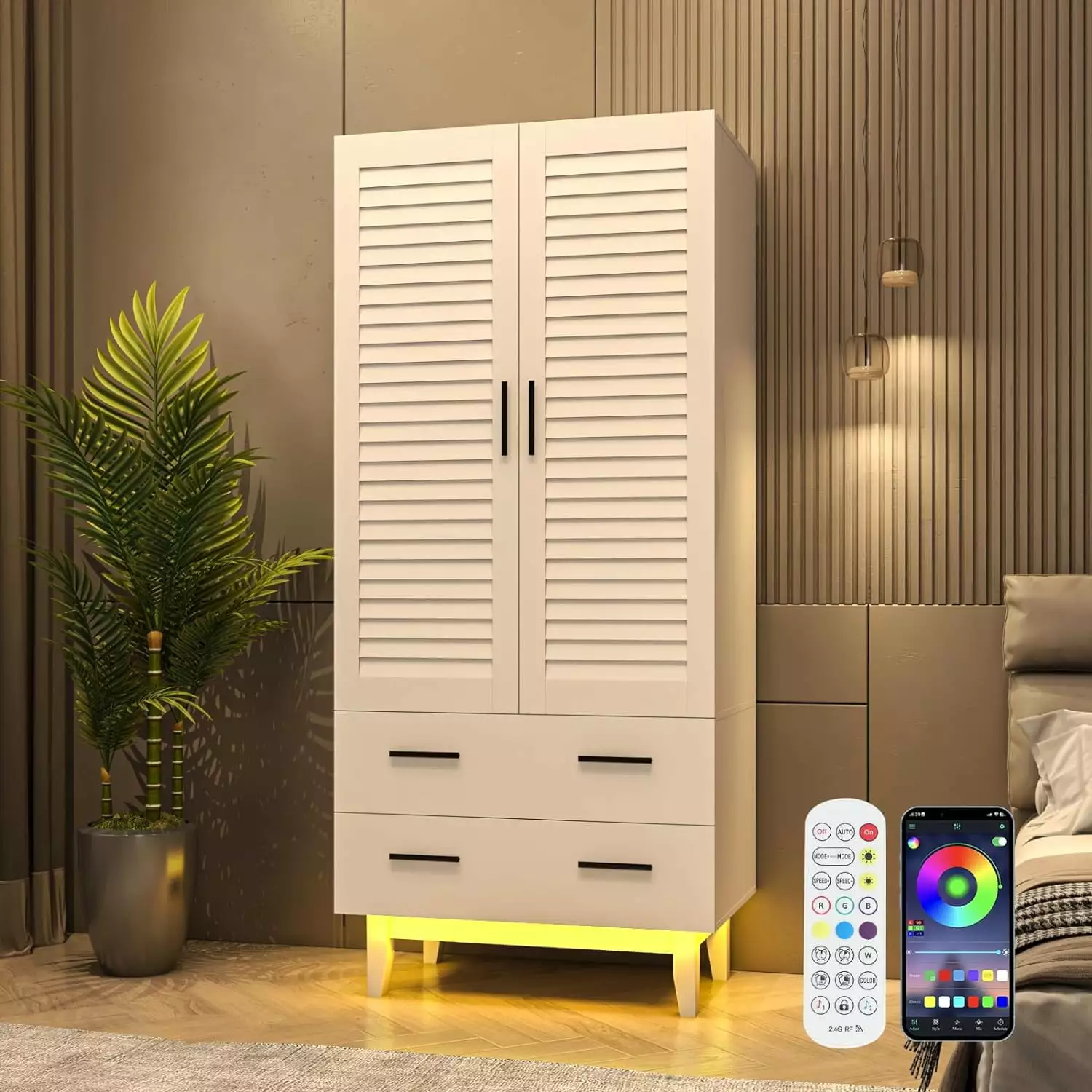 Blotout 70 Tall Armoire Wardrobe LED Lights 2 Drawers 2 Door Wood Wardrobe Multi-Layer Shelves Hanging Rod White