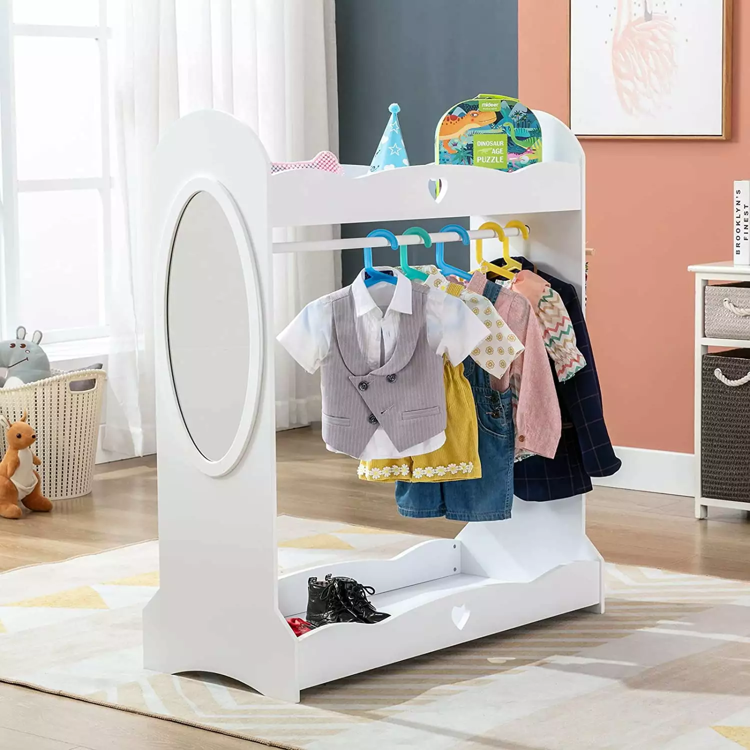 JOYLDIAS Kids Dress Up Storage Armoire Mirror and Side Pocket White