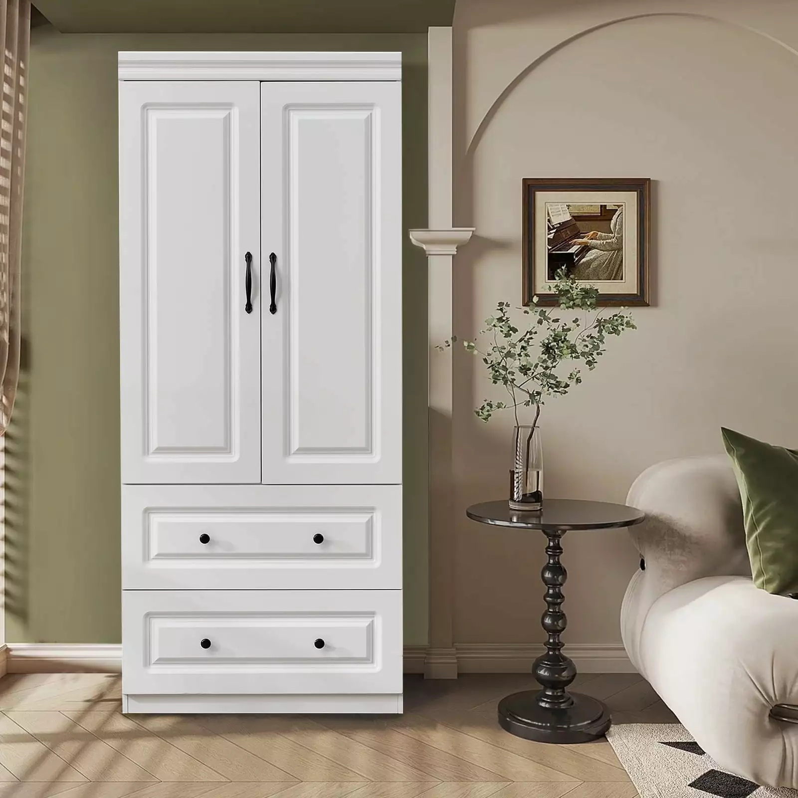ModMakers Armoire Wardrobe Closet 2 Door Wood Wardrobe Storage Bedroom Hanging Rod and Drawer