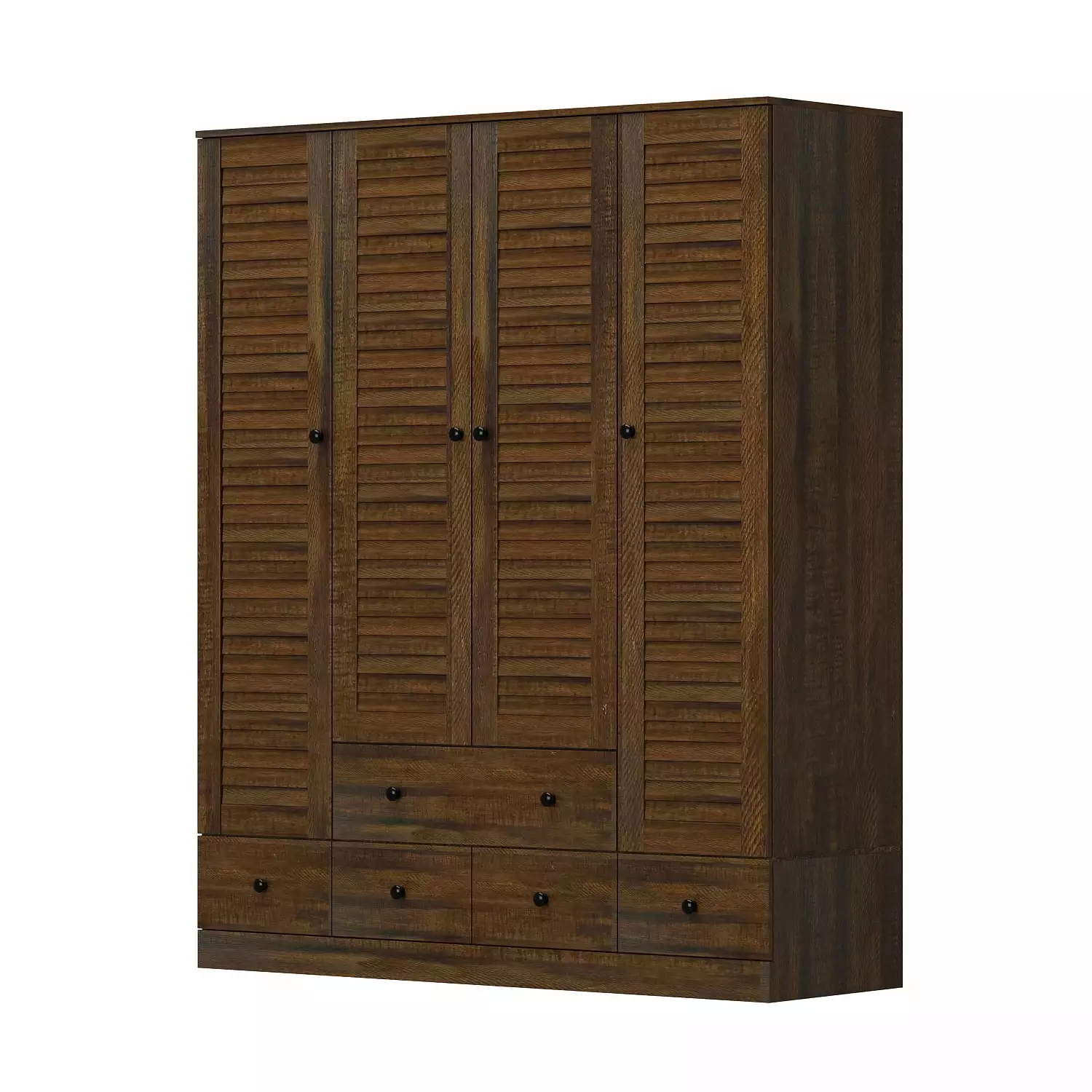 OXYLIFE Wardrobe Armoire Shutter Door 5 Drawers Hanging Rod Bedroom Walnut Storage Cabinet