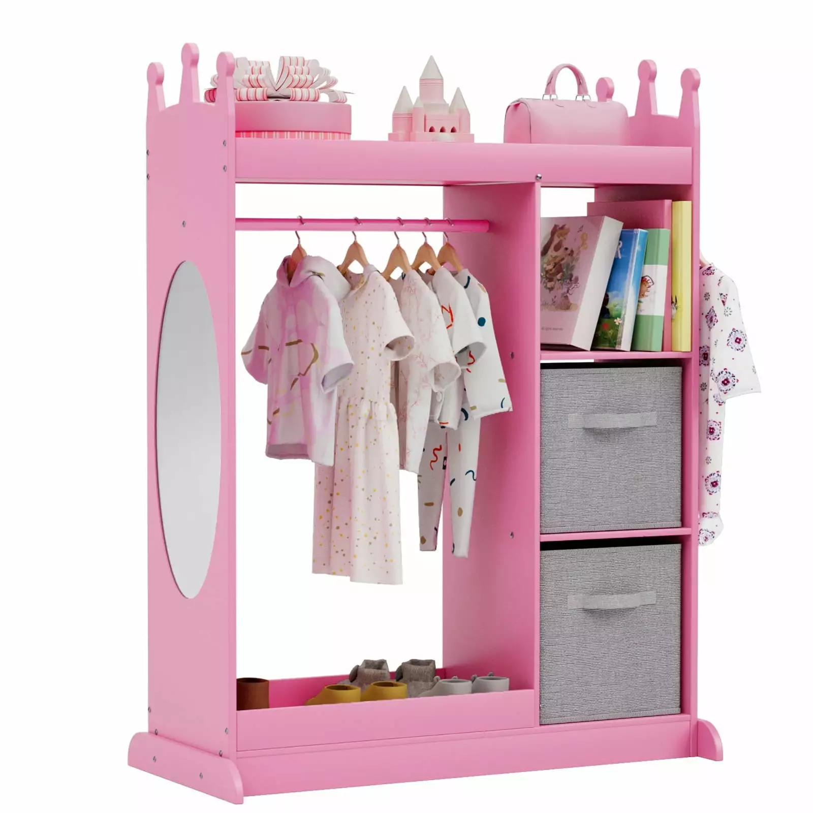 XJD Kids Play Armoire Mirror - Storage Bins and Closet Dress Up and Costumes Pink
