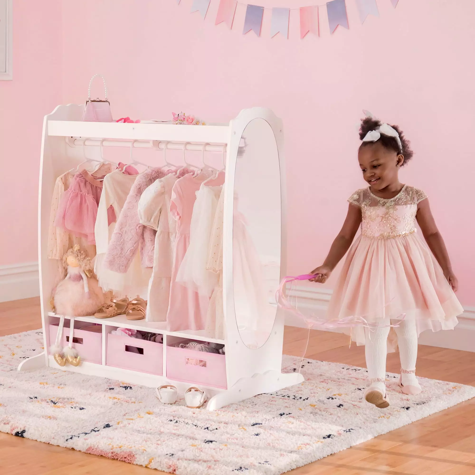 Guidecraft Kids Dress Up Storage White Pretend Play Wardrobe Costume Armoire and Clothes Arranger Mirror and Clothing Rack
